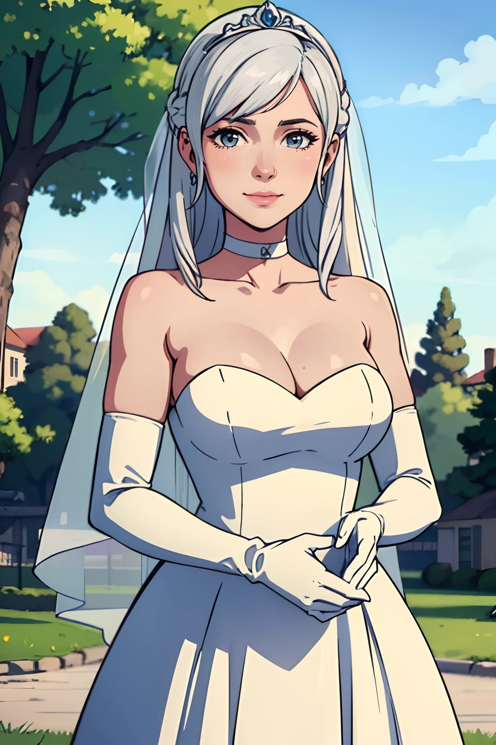 robin fe, white hair, long hair, hair ornament, gloves, dress, cleavage, bare shoulders, collarbone,  long white elbow gloves, white gloves, white dress, strapless, tiara, veil, strapless dress, wedding dress, bridal veil, white choker, beautiful woman, perfect body, perfect breasts, wearing a wedding dress, ball gown, in the park trees, wedding decorations, looking at the viewer, a slight smile, realism, masterpiece, textured skin, super detail, high detail, high quality, best quality, 1080p, 16k