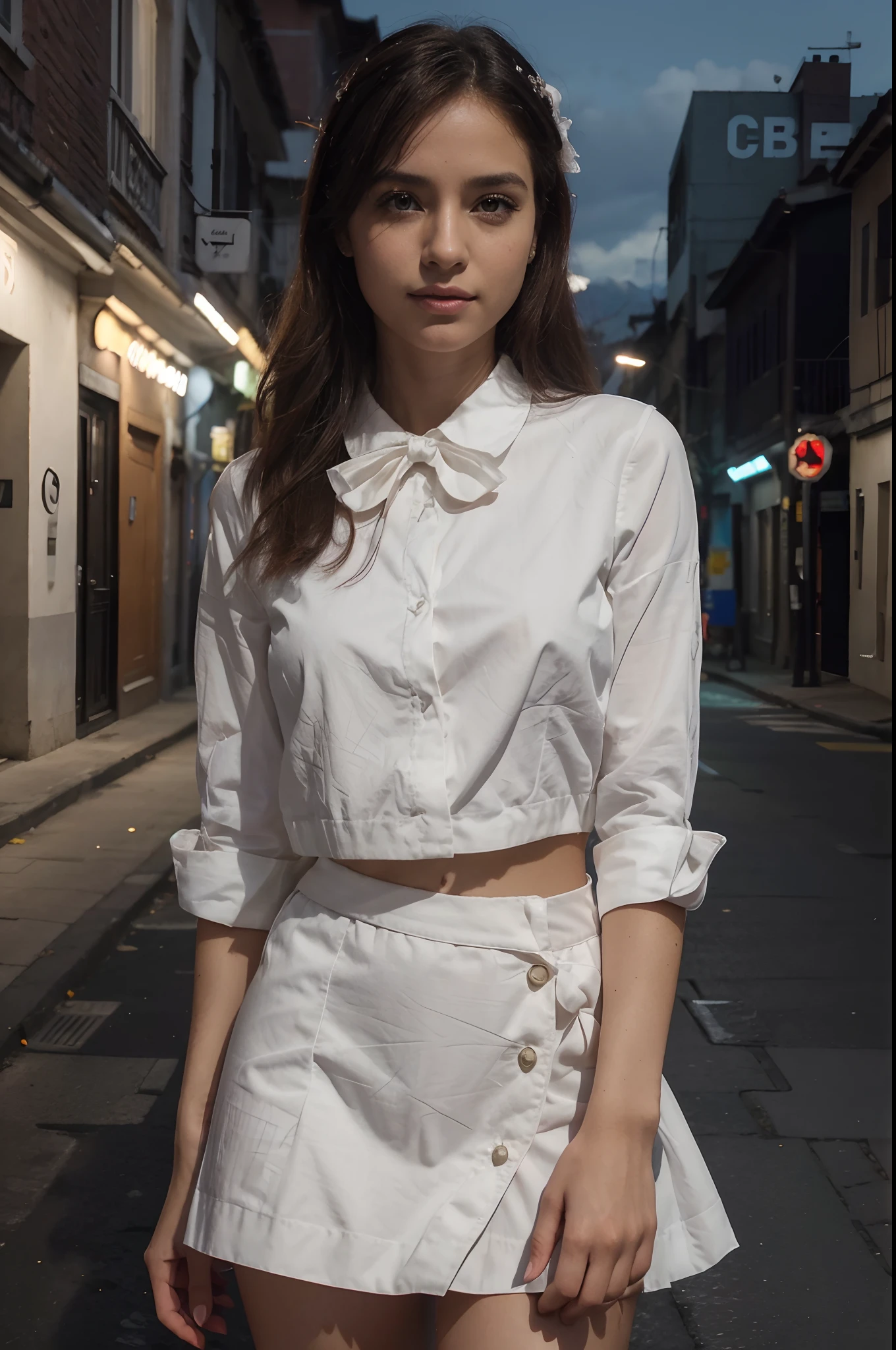 (extremamente detalhado CG unidade 8k papel de parede), (master part), (best quality), (ultra-detalhado), (best illustration), (Melhor sombra), ultra-highresolution, (Realistic, photo-realistic:1.2),2 menina,rua na noite, camisa branca com gravata borboleta, olhos inchados, {saia para cima:1.8}, sorrir, fechar para cima