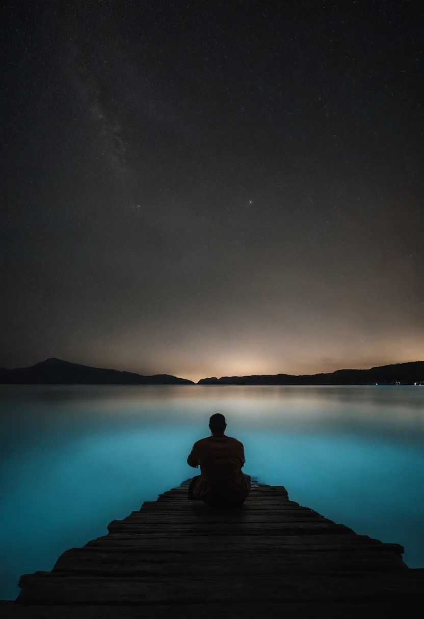 Vast night，the beautiful skyline，Large expanses of ocean，Intense and dramatic imagery，the moving visual effects，High hanging moon，Colorful natural light。A young man sits on an ancient lonely boat，Look at the cyan Kong Ming lantern floating in the sky，The whole night sky is covered with cyan