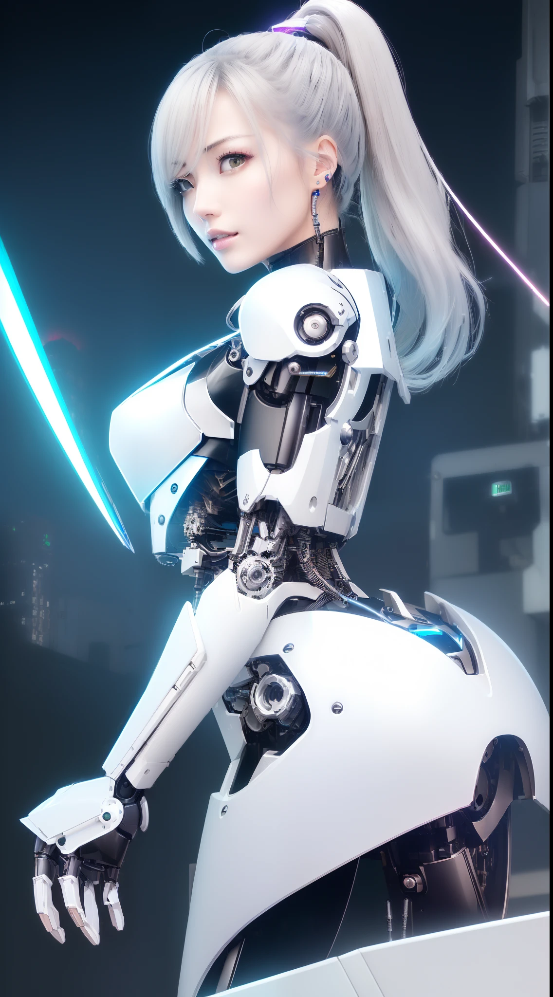 ((masutepiece)), ((top-quality), high quarity、ultra-definition, (Realistic),  ((well proportioned face))、fulcolor 、(scientific fiction)、(独奏)、Beautiful robot woman、Combat Robots、(Perfect robot joint)、(Electronic board)、(Machine frame)、(White porcelain mechanical armor)、(Oval curvaceous face)、(almond shape eyes)、thin mouth、deadpan、((Perfect mechanical two-handed))、(Bright Cyberpunk City)、Perfect robot legs