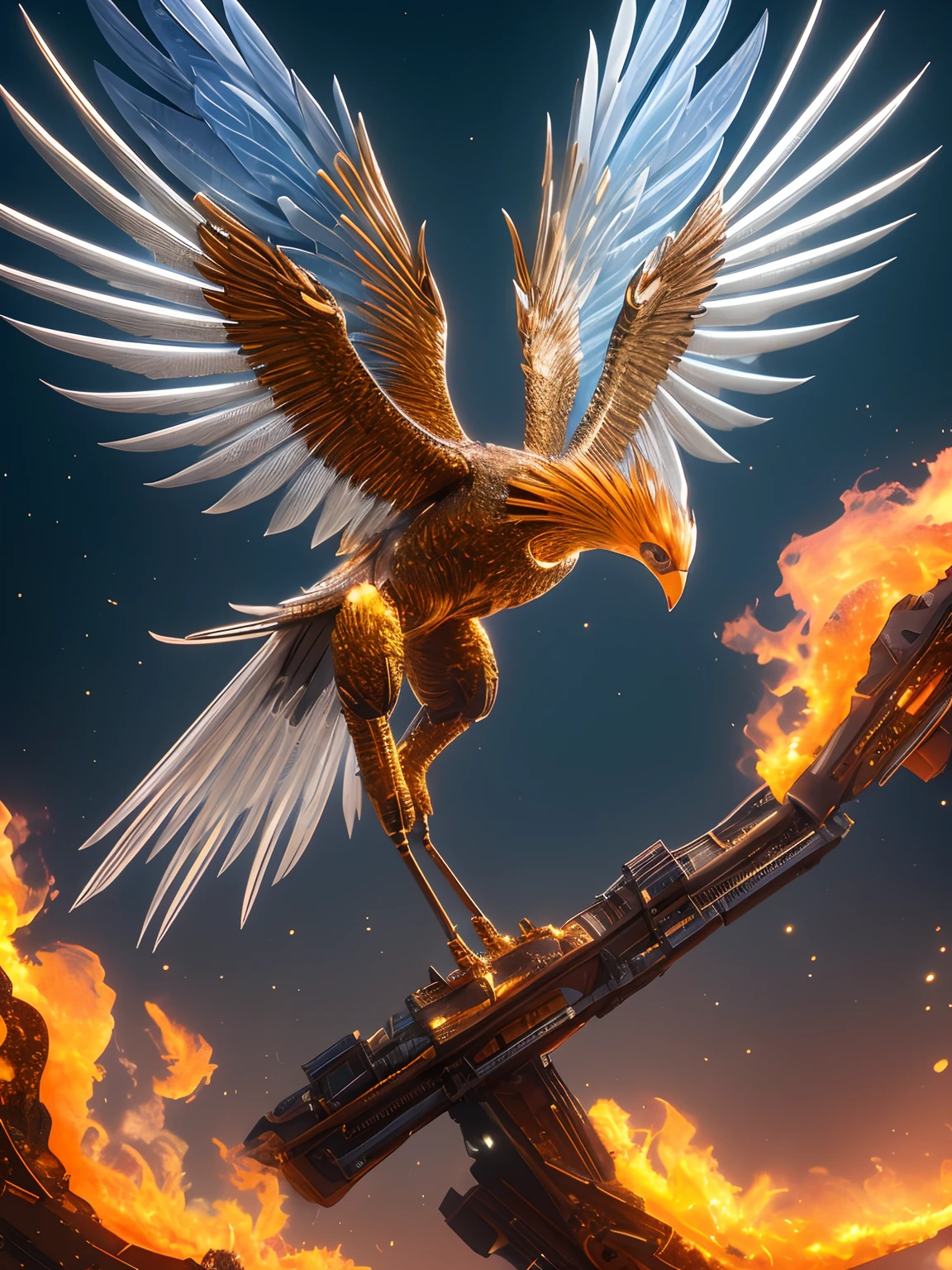 phoenix, Robot Birds,Full mechanical body, Very detailed, ultra-detail, detailed background, blurred background, wide angle , 24K UHD Graphics, Shining and shining lighting effects,The body of the phoenix was filled with flames.., Perfect detail, 2 years wings, 2 beautiful legs.