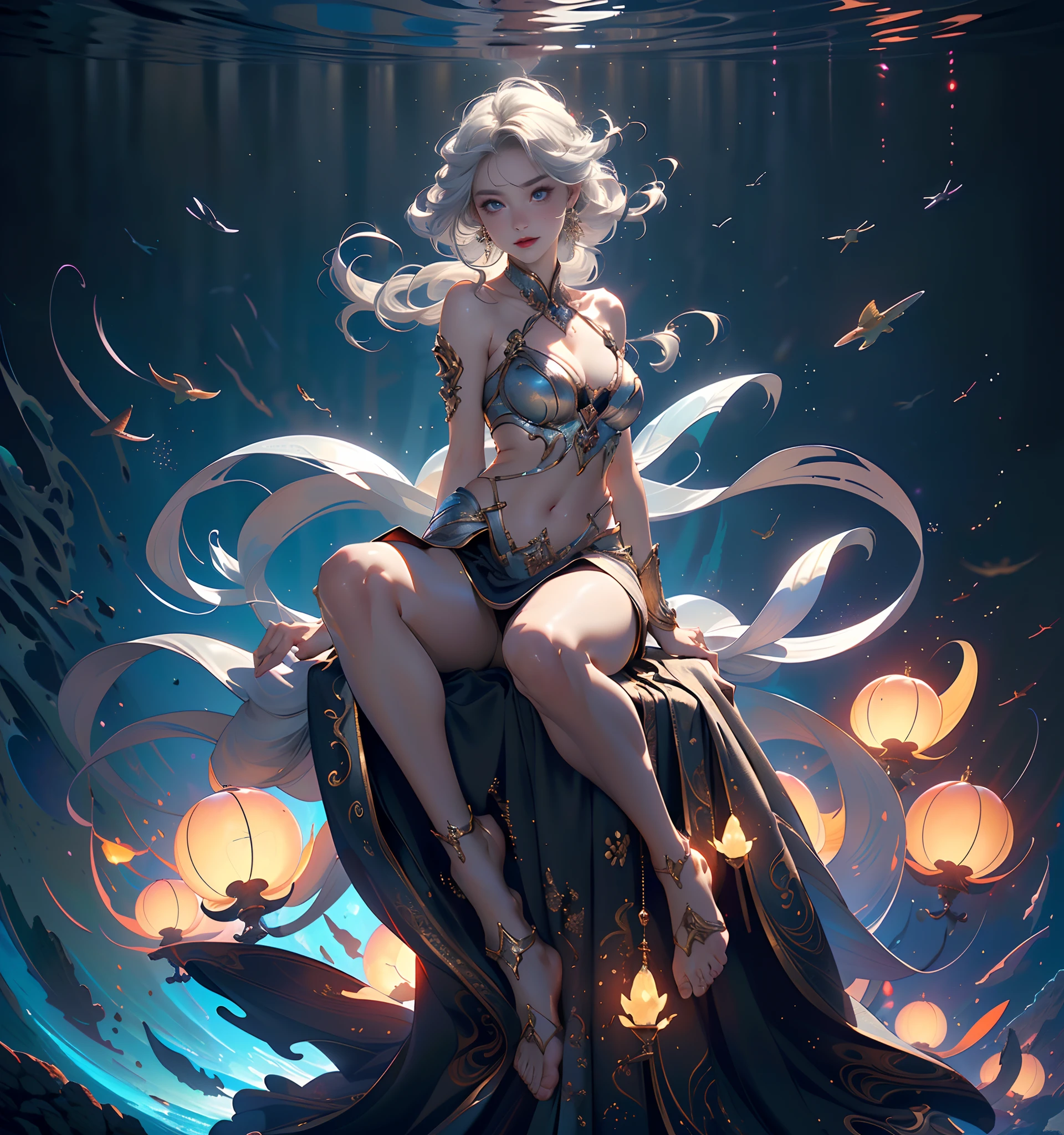Underwater world Atlantis,abyssal,Epic reality,(hdr: 1.4),1girll,ar old,Silver hair,beauitful face,mature,Snow-whiteskin,Redlip(Very fine and beautiful),Raised sexy,Melon seed face,Flushed complexion,Bulge,Cute big breasts,revealing breasts,Floats in the middle of the frame,Thick lips,Gentle eyes,Charming eyes,Bright pupils,Purple pupils,(beatiful detailed eyes)A heartwarming smile,happy laughing,Open-mouthed,Side Body,((Sit Pose,))Sit with your knees folded,Sit on the bubble,levitating,Bare genitalia, Left leg raised,The right leg is bent,legs are open,(Bare)expose arms,Place your right hand on top of your head,The left hand is in front,Correct number of arms,Barefoot,without wearing shoes,Raised sexy,Camel toes,Desire for dissatisfaction,Sexy gesture,(Correct face 1.4)(Wearing:Red silk long dress,Metal-trimmed skirt,Flowing skirt)(Background with:Ruins of Atlantis,deep sea creatures,The corals,)Fantastic and incredible,Epic composition,(Complicated details,Hyper-detailing:1.2),art stations,(tmasterpiece,best qualtiy)surrealism, shadowing, anaglyph, stereograms, tachi-e, angle of view, Atmospheric perspective, Color field painting, art-deco, conceptual art, Chiaroscuro, Cinematic lighting, Lens flare, Sony FE GM, 8K, Super detail, ccurate, Best quality, A high resolution, Award-Awarded, Anatomically correct,(Beneath your feet:Destroyed buildings,)Deep background,(Correct hand 1.4),Deep in the ocean,((Trampling on the audience:1.2)),(((Very detailed CG unity 8K wallpaper),best qualtiy,cinmatic lighting,detailed back ground,,ultra - detailed,))((legs are open:1.2)),exposing your navel,(Correct foot 1.4)white skirts,Left leg straight,two feet,Touch your head with your right hand