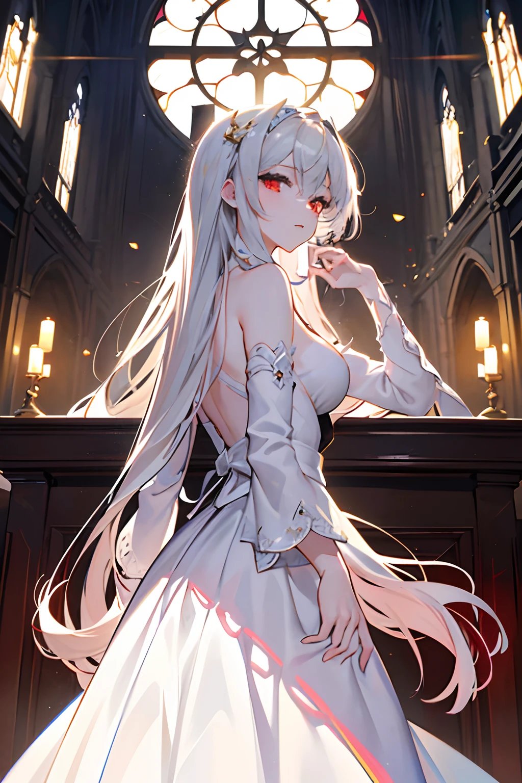 anime style; It's night, the little lighting comes from lit candles floating in the air; mysterious castle lobby; on the staircase in the center of the scene we see a vampire woman, pale face, bite marks on her neck, long and very straight hair, sculptural body, she wears a long transparent dress, through the transparency we can see large huge exagerado breasts with large nipples, a slit in the dress shows her legs , she wears red high-heeled shoes with a silver stare and a mischievous smile; add a tiny flying bat to the scene; add pictures to the scene on the walls; add to the scene a glass window showing the moon in the sky outside.