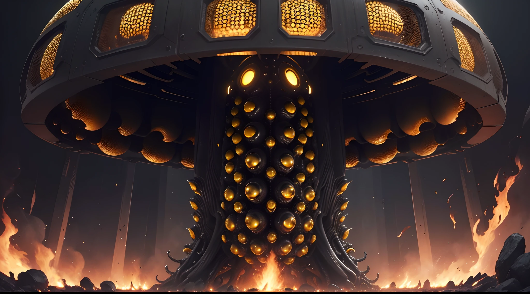 detailed, (in hans giger style), (black and cian colours), (alien hive in open space), wide shot, look from fire, 4K, horror, (bee like alians), (huge bee hive lihe alien hive), dark atmosphere