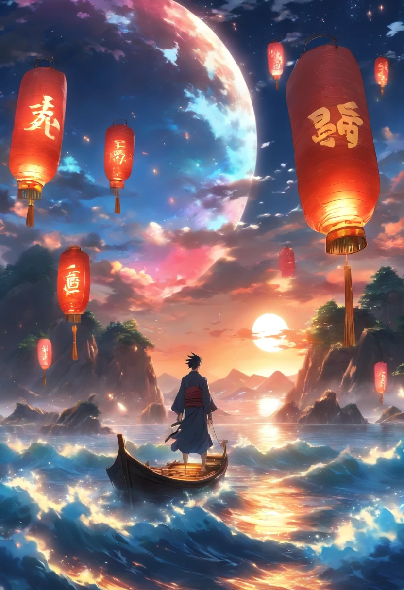 (best quality,4k,8k,highres,masterpiece:1.2),ultra-detailed,realistic:1.37,night scene,majestic skyline,vast ocean,dramatic atmosphere, mesmerizing visual effects,towering moon,colorful natural light,old solitary boat,young man,serene atmosphere,chinese sky lanterns,blue hues