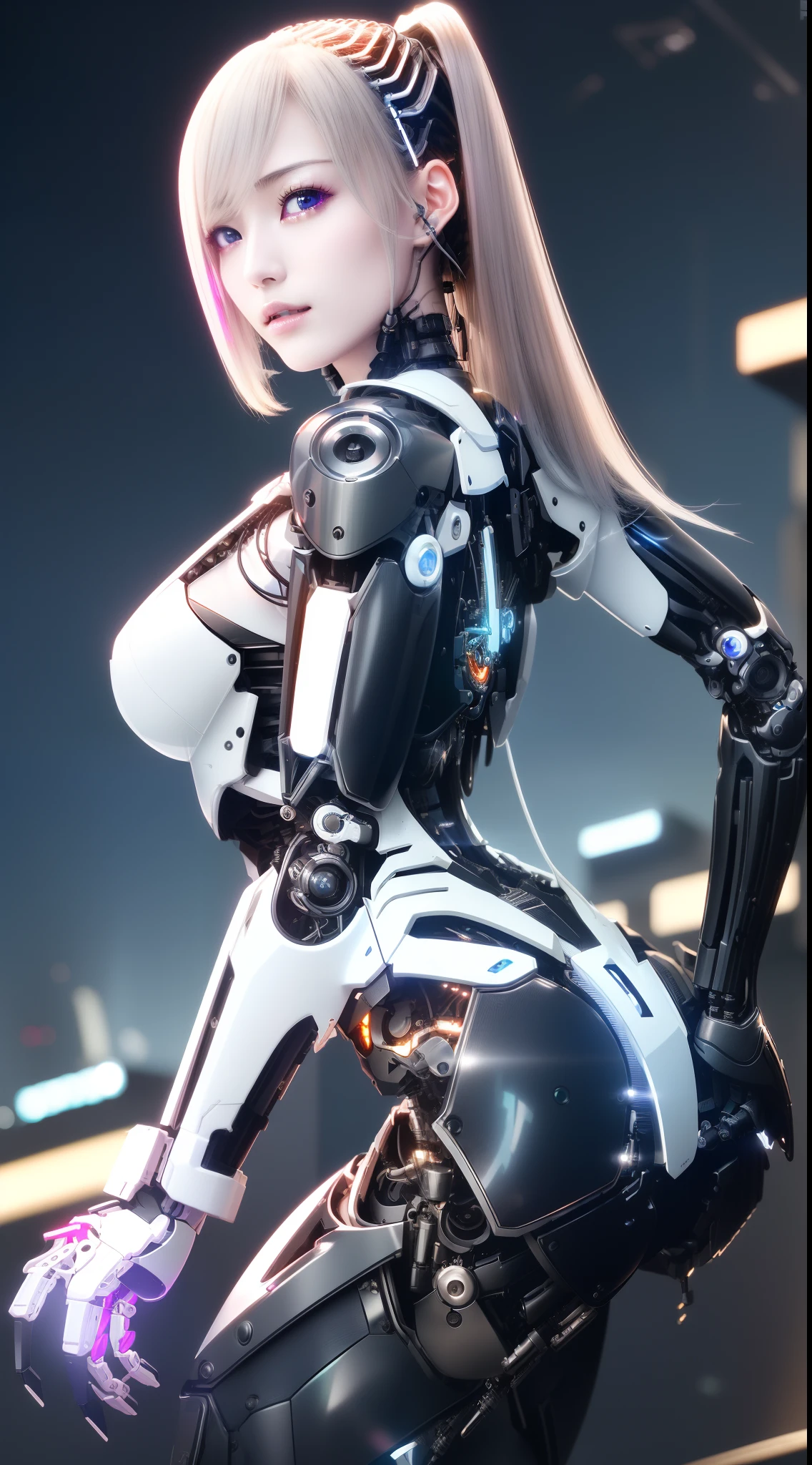 ((masutepiece)), ((top-quality), high quarity、ultra-definition, (Realistic),  ((well proportioned face))、fulcolor 、(scientific fiction)、(独奏)、Beautiful robot woman、The body of a combat robot、(Perfect robot joint)、(Electronic board)、(Machine frame)、(White porcelain mechanical armor)、(Oval curvaceous face)、(almond shape eyes)、thin mouth、deadpan、(Perfect mechanical limbs)、(Bright Cyberpunk City)、