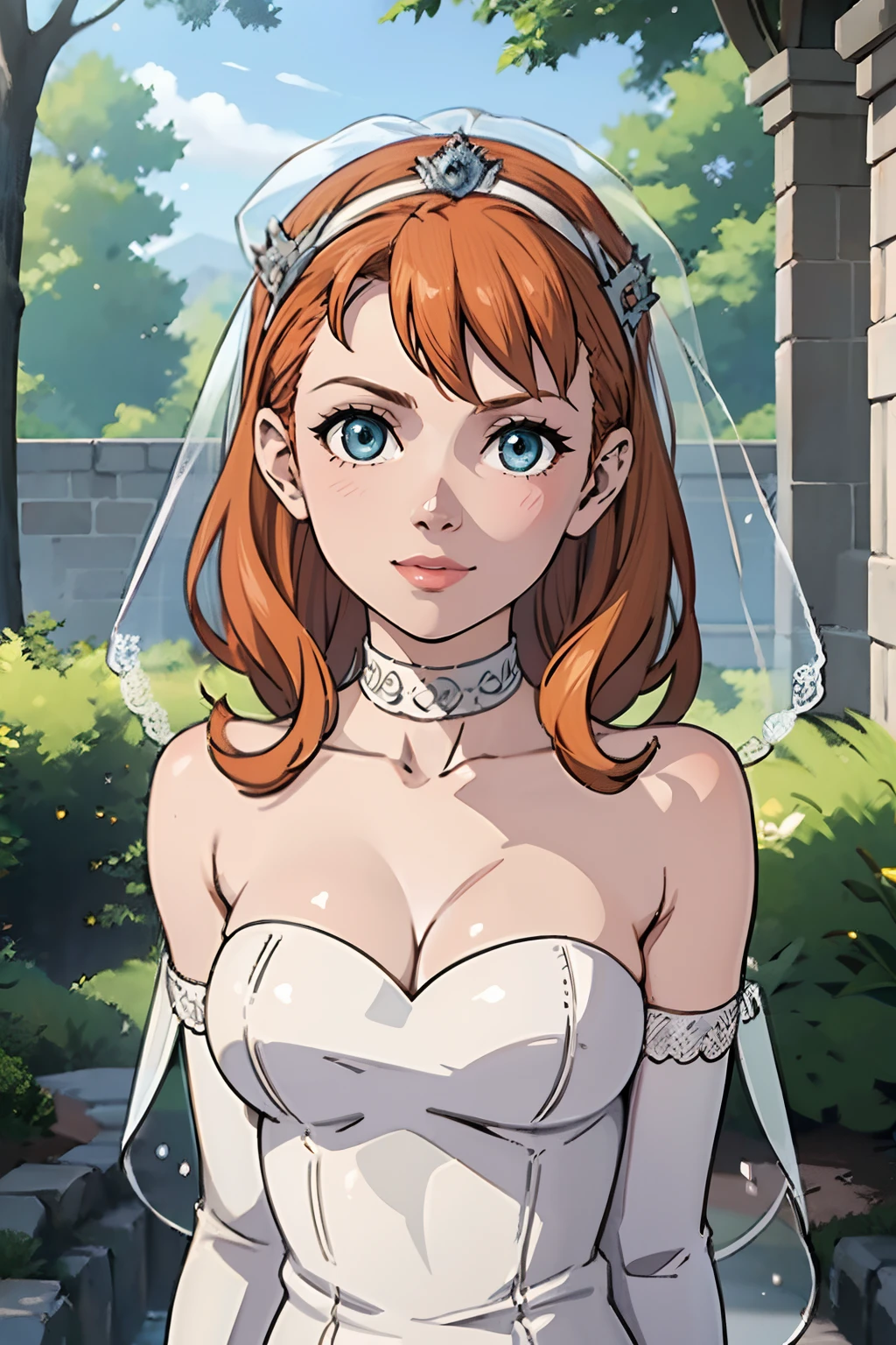 annette_student, bangs, blue eyes, hair between eyes, ahoge, orange hair, red hair, star \(symbol\), hair ornament, dress, cleavage, bare shoulders, collarbone, long white oprea gloves, white gloves, white dress, white choker, strapless, tiara, veil, strapless dress, wedding dress, bridal veil, beautiful woman, perfect body, perfect breasts, wearing a wedding dress, ball gown, in the park trees, wedding decorations, looking at the viewer, a slight smile, realism, masterpiece, textured skin, super detail, high detail, high quality, best quality, 1080p, 16k