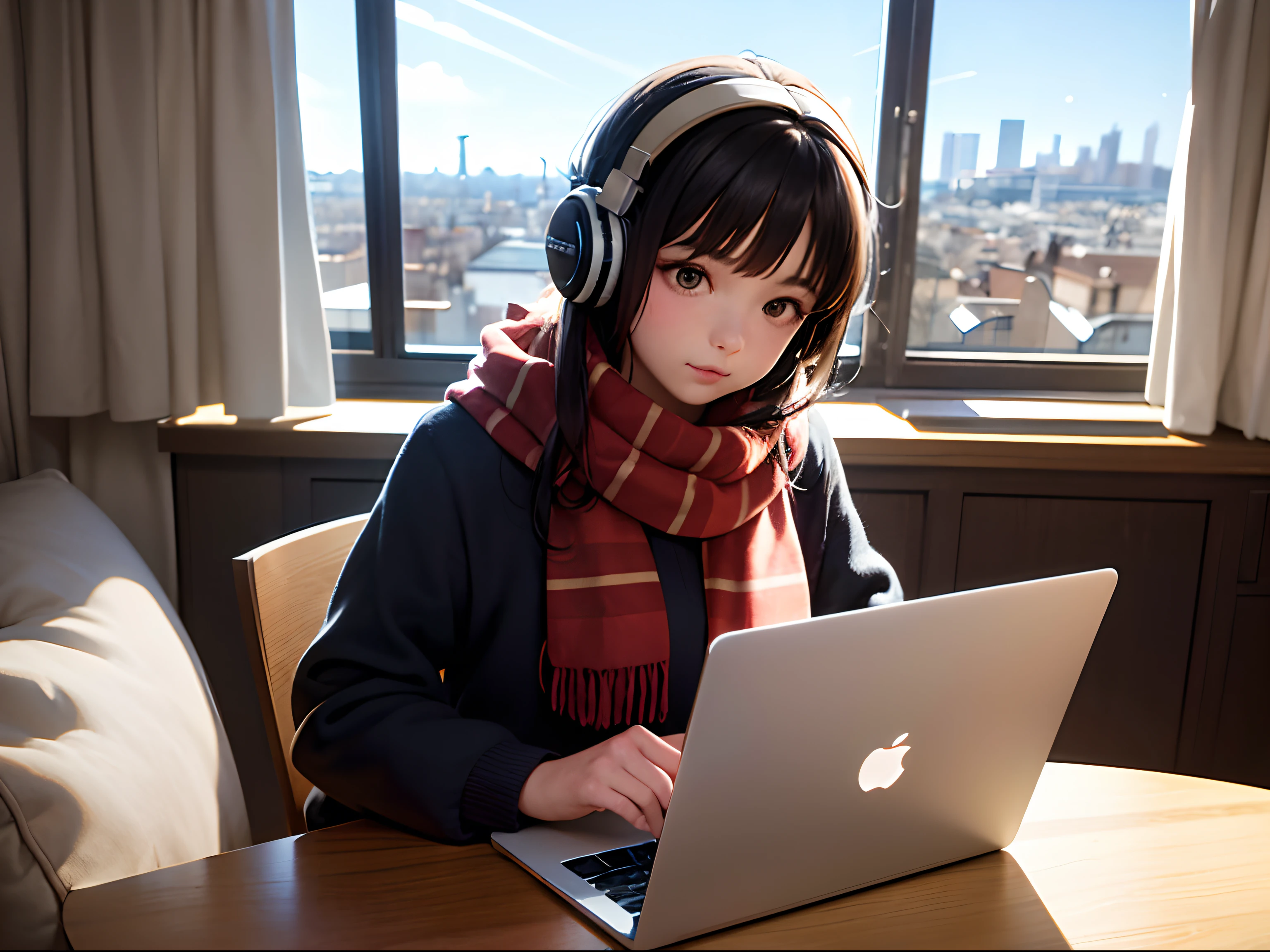 Studio Ghibli style, pretty young girl, in front and medium view, wearing a scarf with large red and gold stripes like grinfindor scarf, wearing a thick, dark grey hoodie, wearing a white headphones over his ears, typing on and watching her Macbook Pro laptop, in her cosy bedroom with a window view of buildings in Lyon's croix-rousse district, with perspectives just for window heights, twilight rays, sun rays warm light.