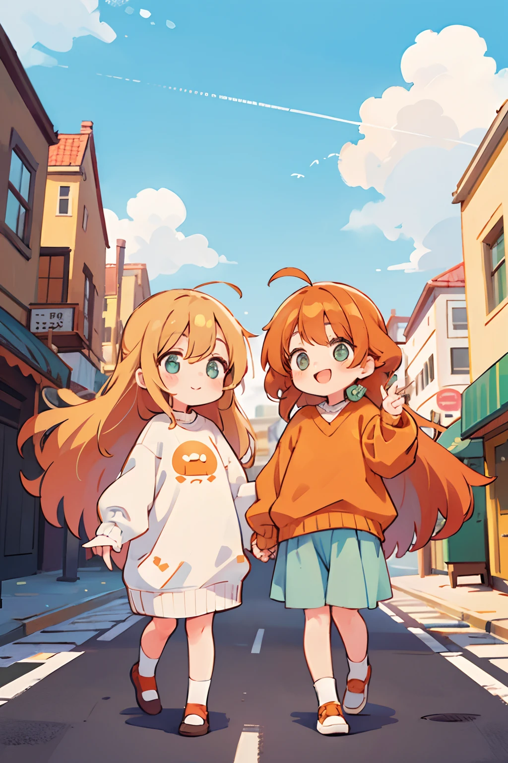 orenge long hair, 2 twin Girl, Sweaters, happy face, nice cute with styles and cloudy sunny streets background, photoshots