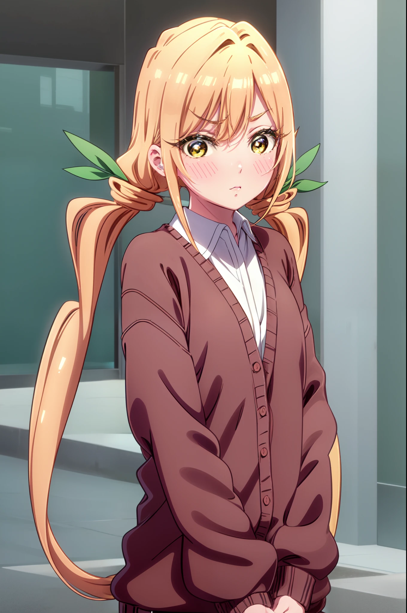 1girl, blonde hair, blush, cardigan, full-face blush, hair between eyes, long hair, long sleeves, looking at viewer, low twintails, school uniform, shirt, solo, twintails, upper body, white shirt, yellow eyes