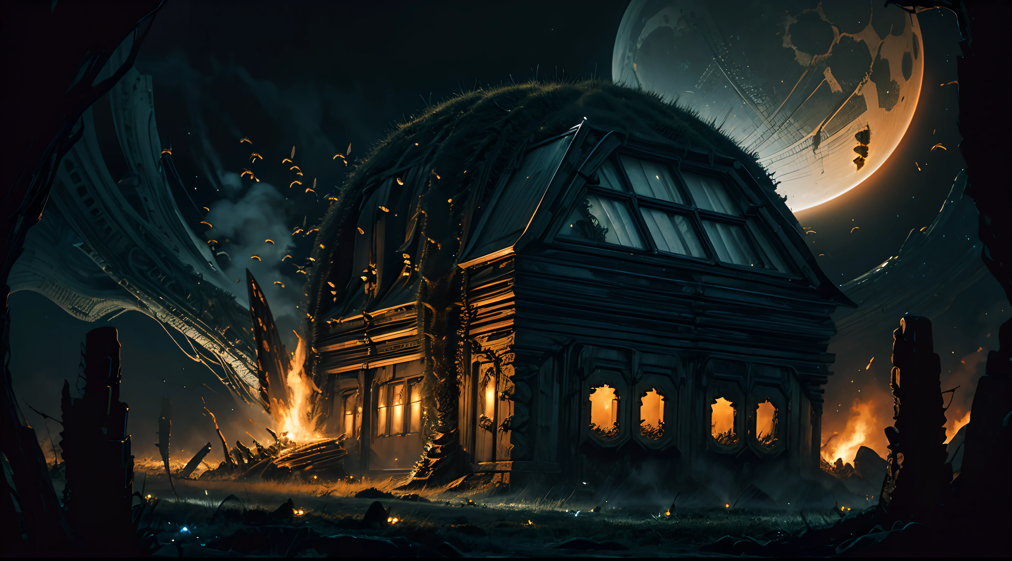 detailed, (in hans giger style), (black and cian colours), (alien hive in open space), wide shot, look from fire, 4K, horror, (bee like alians), (huge bee hive lihe alien hive), dark atmosphere