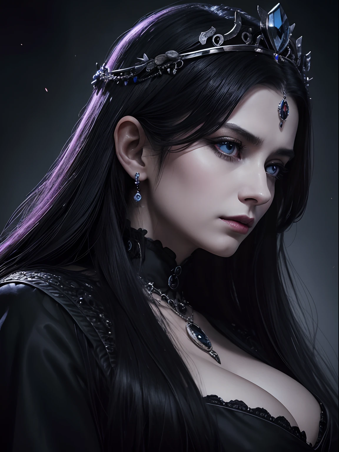 Black tones、Hell、purgatory、Mozart's Requiem、Mystical、horor、gotik、darkness、karo、badas、epidemic、ruler、Pitch Black Darkness、hopelessness、lamentation、oppression、nothingness、intense cold、Black Ghost、Adult female mature woman in her 40s、Queen of the Dead、Persephone、hades、awe、immortal、draconian、Awe-inspiring Hall々、Proud、noble、dignity、solemnity、ruthless、greed、glamor、Bewitching、3-point live method、Oil Painting、Best Quality、hight resolution、foco nítido、Portrait of Queen D，Highly detailed footage of the Queen of the Dead，Stunning portrait of the Queen of the Exparted，Portrait of the Queen of the Dead，from side、Full body close-up of the Queen of the Dead