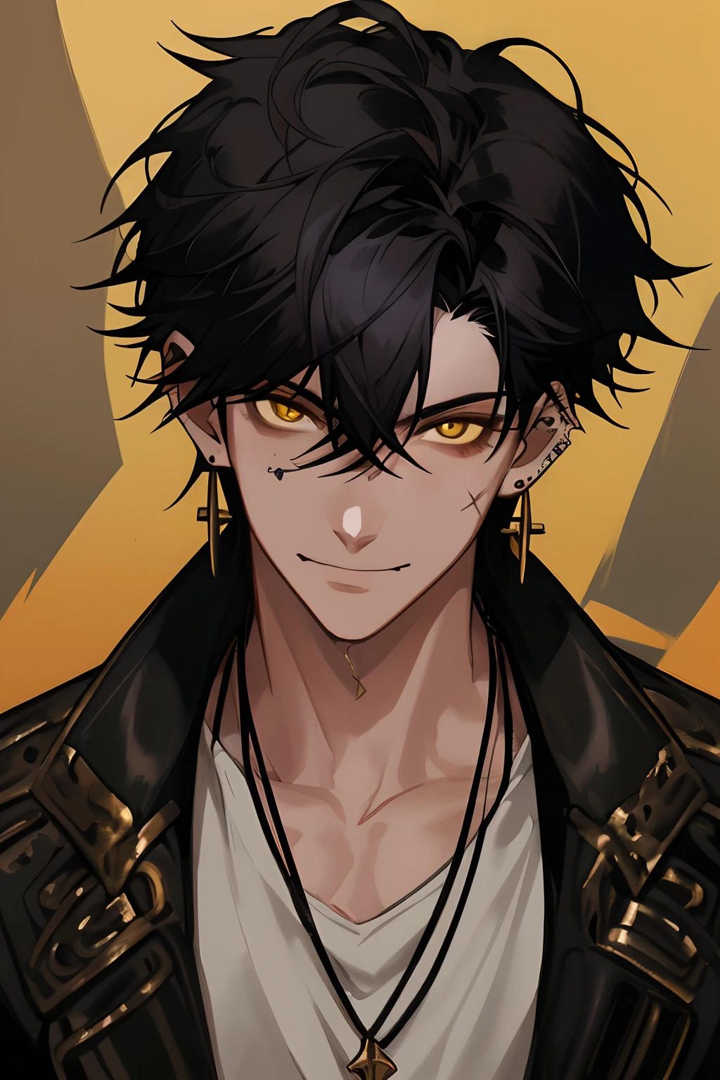 Masterpiece, absurdres, fine detail, HDR,
solo, looking at viewer, smile, shirt, black hair, 1boy, hair between eyes, jewelry, jacket, yellow eyes, upper body, male focus, earrings, necklace, ear piercing, FH scar across his nose and scar across his right eye
