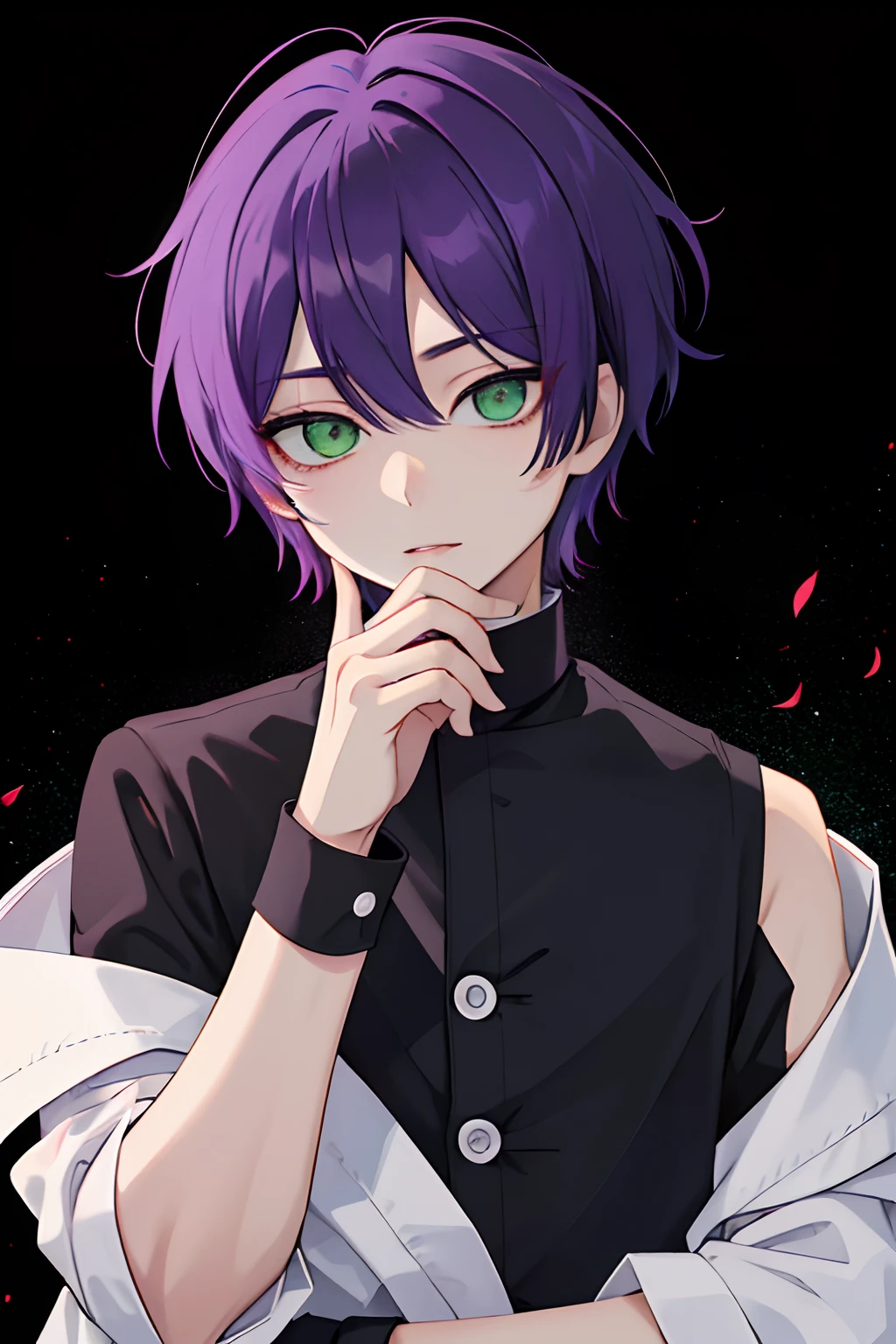 a moon, top-quality, detaileds, ​masterpiece, kaneki ken, 1 juvenile, Male Focus, 独奏, Beautiful green eyes, Black background, bangss, Green eyes, Jade Eyes, shorth hair, The shirt, raise two hands, Dark purple hair, shirt with collar, Black shirt, Beautiful lips, looking at viewert, The upper part of the body, tusk, High class, 8K, detaileds, Ray traching, depth of fields, 电影灯光, glamor、male people、ember、Male 、beautiful male、Beautiful purple hair、Crazily cool