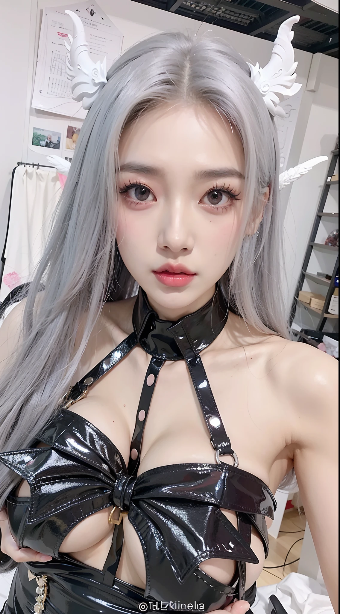 Alaphais，Long gray hair and black bra top, cruel korean goth girl, ulzzangs, tzuyu from twice, Anime girl cosplay, iu lee ji-eun as a super villain, sakimichan, jisoo from blackpink, From Lineage 2, ahegao face, IG model | Art germ, Shot on Canon EOS R 6