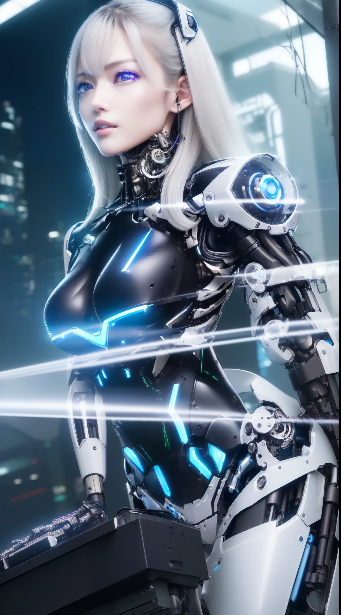 ((masutepiece)), ((top-quality), high quarity、ultra-definition, (Realistic), ((well proportioned face))、fulcolor 、(scientific fiction)、(独奏)、Beautiful fighting robot woman、robotic body、Perfect robot joint、Electronic board、machine components、(White porcelain mechanical armor)、(Oval curvaceous face)、(almond shape eyes)、thin mouth、deadpan、(Perfect mechanical limbs)、(Bright Cyberpunk City)、