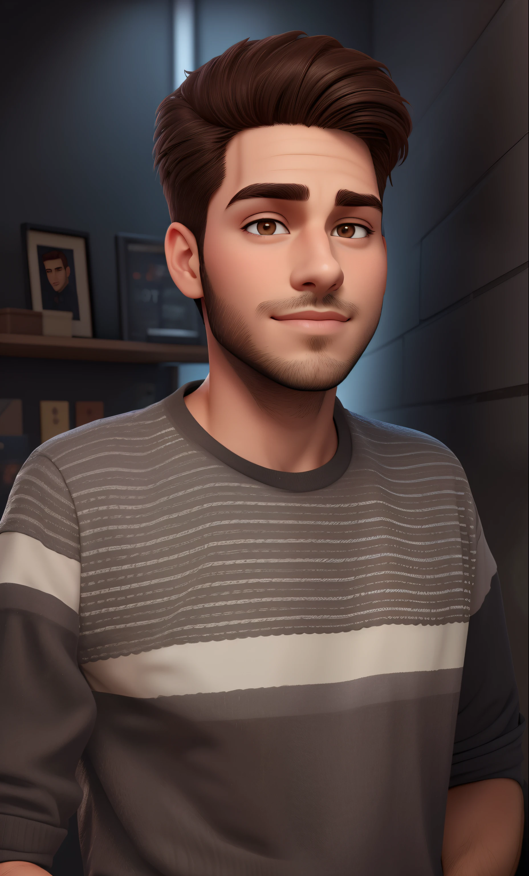 an incredibly handsome and hot young man aged 19 with short dark brown hair and brown eyes, angular jaw, box face, stubble beard, tall and lean, wearing a casual shirt and a cap. dark grey background and studio lighting, yearbook pose, character close-up, character headshot portrait, character close-up.