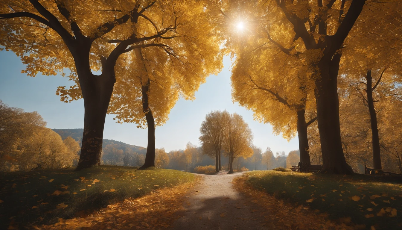 high-level image quality，(8K, hentail realism, RAW photogr, top-quality: 1.4), Ultra-wide angle of view，Beautiful view of autumn，golden autumn，Ginkgo tree，Daytime，Sheer sunlight,Colored leaves，high qulity，super-fine，Hyper-realistic，Ultra photo realsisim，35mm camera lens，ultra - detailed