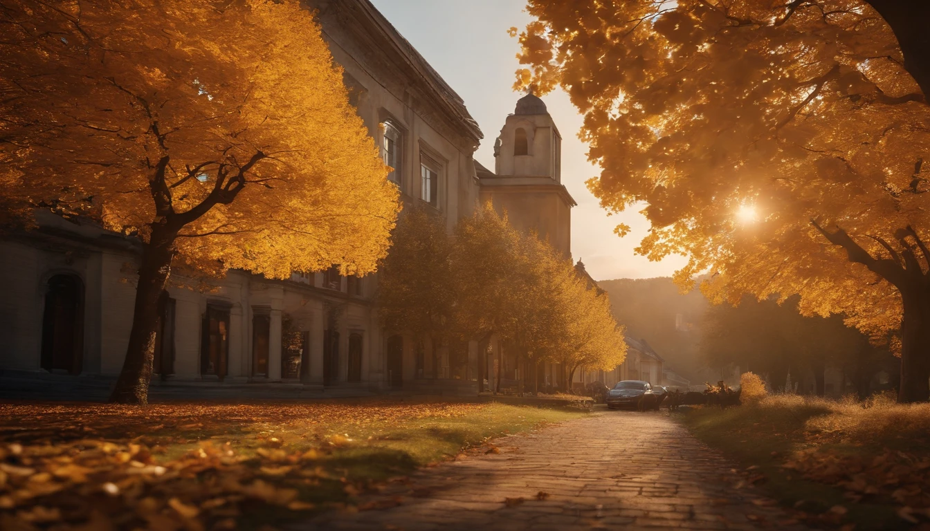 high-level image quality，(8K, hentail realism, RAW photogr, top-quality: 1.4), Ultra-wide angle of view，Beautiful view of autumn，golden autumn，Ginkgo tree，Daytime，Sheer sunlight,Colored leaves，high qulity，super-fine，Hyper-realistic，Ultra photo realsisim，35mm camera lens，ultra - detailed