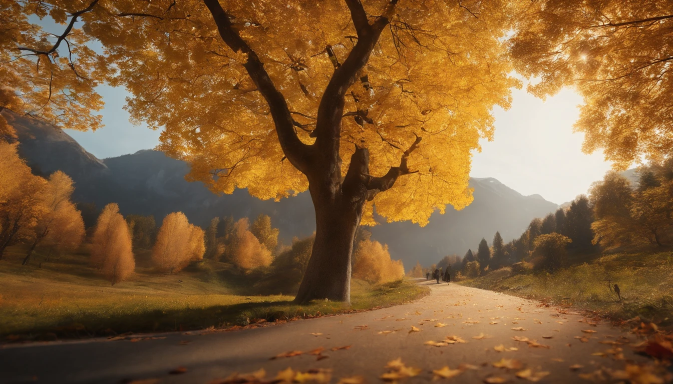 high-level image quality,(8K, hentail realism, RAW photogr, top-quality: 1.4), Ultra-wide angle of view,Beautiful view of autumn,golden autumn,Ginkgo tree,Daytime,Sheer sunlight,Colored leaves,high qulity,super-fine,Hyper-realistic,Ultra photo realsisim,35mm camera lens,ultra - detailed