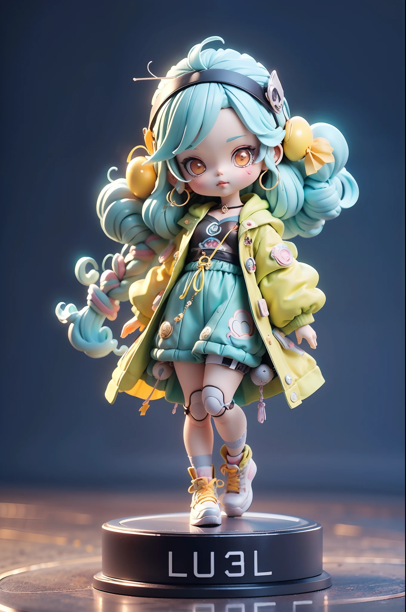 Girl with long hair and a hairband，Wearing hippie fashion clothes，Lunette de soleil，1960s wind，（​masterpiece，Best Quality），3D Blind Box Doll，Pastel tones，light，high detailed official artwork，beautiful anime art, anime fantasy illustration、background yellow、Detailed drawing、