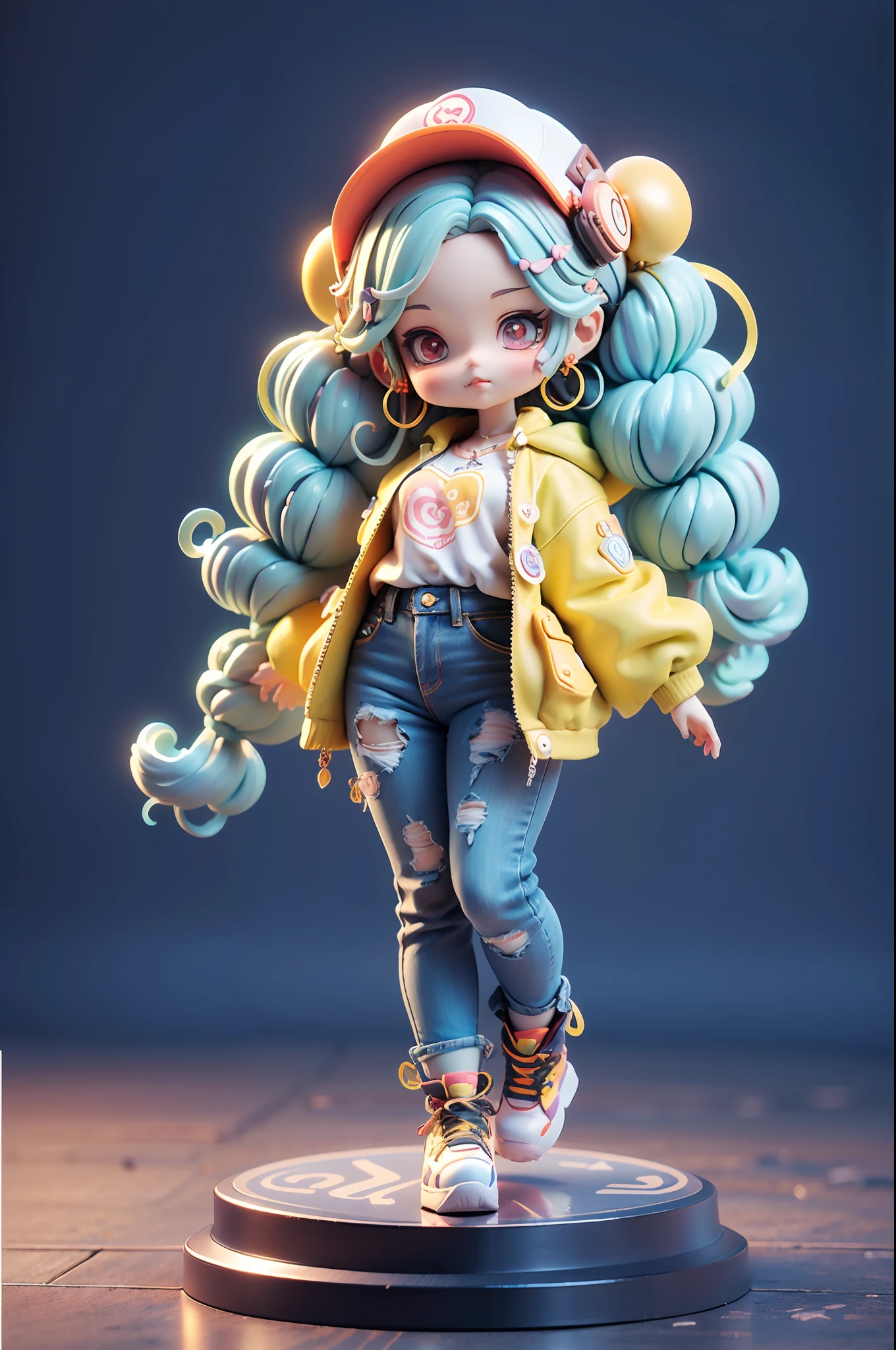 Girl with long hair and hair band，Wear hippie fashion clothes，Jeans with bell bottoms，Psychedelic color fashion，（​masterpiece，Best Quality），3D Blind Box Doll，Pastel tones，light，high detailed official artwork，beautiful anime art, anime fantasy illustration、Background yellow、Detailed drawing、
