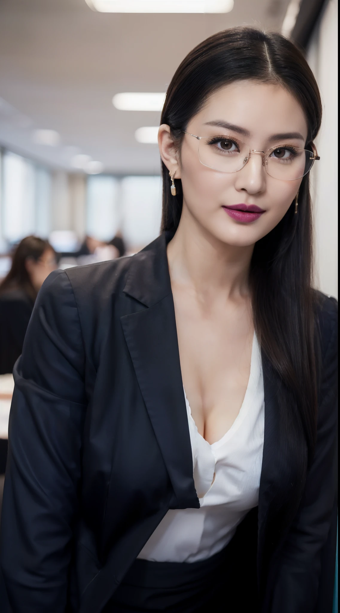 (1 realistic lady), (From the bottom up), staring at viewer, masterpiece, vibrant colors, shadows, In the parking lot at night, effeminine, A white office lady shirt wraps around the upper body，office lady Blue-black blazer， slim waist, big hips, wide hips, large butt, young, pale, female, slim，legs are open，Sit，focuses on the lower body, Office lady skirts，(((Very MILF fat leg shape)))，(gigantic hip:1.5), (ultra cute Japanese-Taiwanese hermaphrodite 17 yo idol face:1.4), (South Chinese  young Unisex beauty face), (office lady manerger hairstyle:1.6), masterpiece, best quality，(all Hands are wrapped in sleeves), (Hazy:1.4), (Flat breasts:1.5), ［human|Silicone sex doll］, perfect fingers, perfect fat mature legs，Both legs are equal, long hair, (Unlike the ordinary Lora face:1.4), (8k,RAW photo,photorealistic:1.25)(Glossy side with shiny skin,best qualtiy,超高分辨率,depth of fields,color difference,Caustics,Wide light,naturalshadow，Brown pupils),  (luxury makeup:1.4), (26 yo), (chinky eyes:1.5), (thick eyeslashes), (ssmile:1.1), (even skintone:1.4), tight-fitting top，The cheeks are slightly thinner，Red ties to lips, ［male|female］， dim murky lights，earring，Tall male physique, 175cm tall, (Wearing a office lady glasses:1.3)