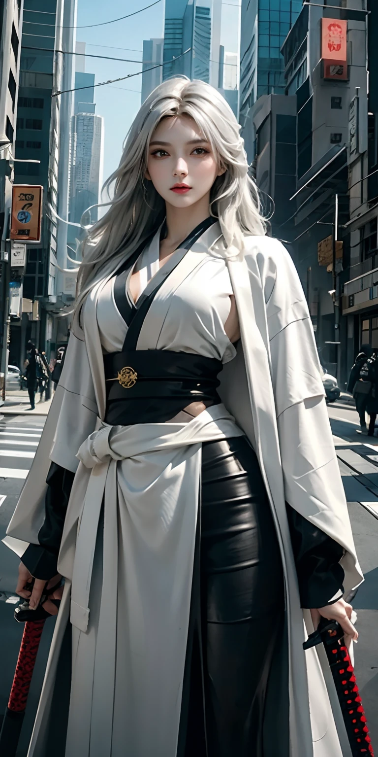 photorealistic, high resolution, soft light,1women, solo, hips up, (detailed face), white long hair, cybersamurai, cyborg, cyberpunk,  cyber armor, holding weapon,glowing,on the street , kimono , sniper looking at the target, katana,cloak