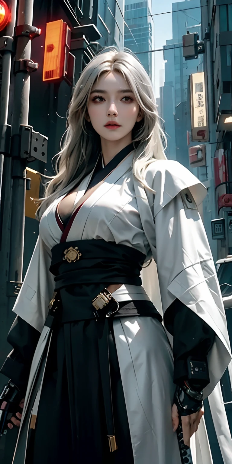 photorealistic, high resolution, soft light,1women, solo, hips up, (detailed face), white long hair, cybersamurai, cyborg, cyberpunk,  cyber armor, holding weapon,glowing,on the street , kimono , sniper looking at the target, katana,cloak