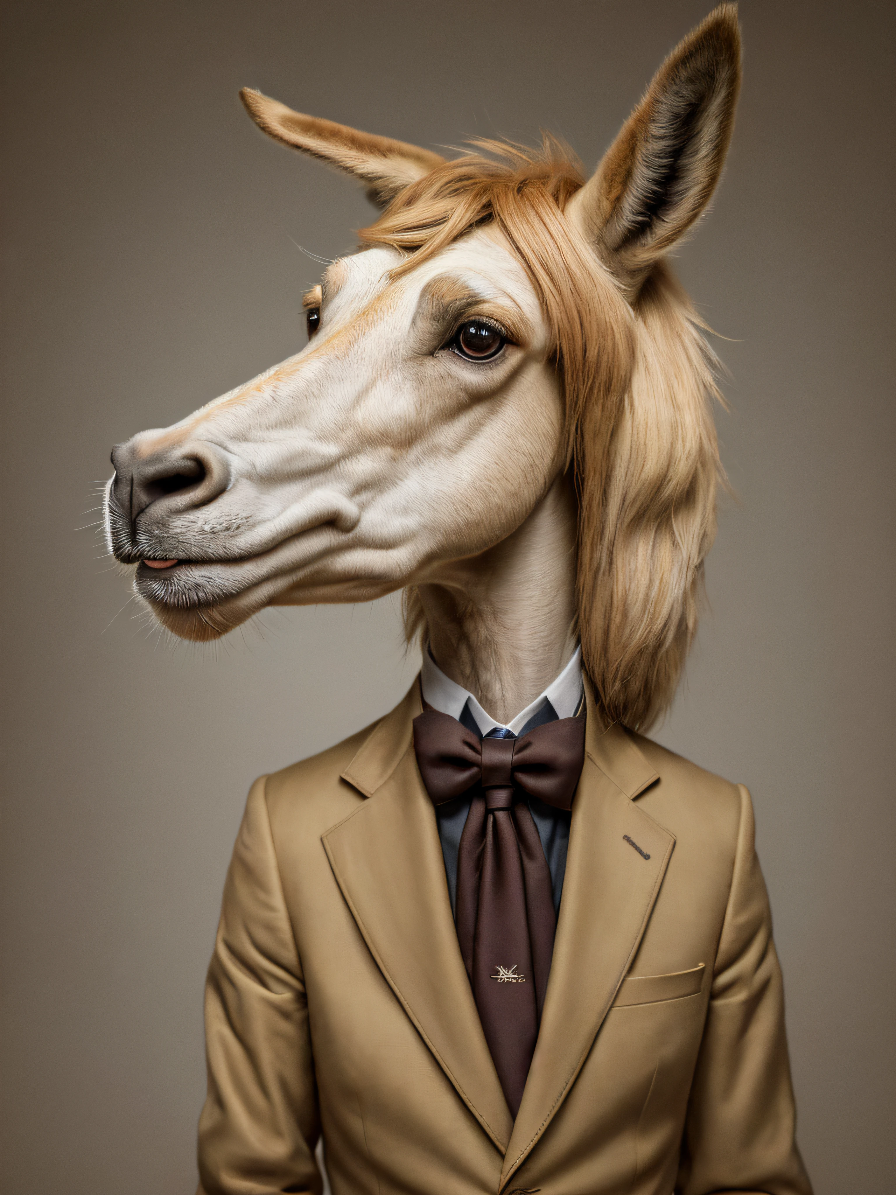 Pintura de un perro con traje y pajarita con traje, "Retrato de un animal de dibujos animados, anthropomorphic horse, Anton Semenov, Anthropomorphic character, anthropomorphic mare, anthropomorphic creature, Obra maestra Retrato de Anthro, Retrato de Llama Anthro, Un retrato del personaje, Retrato de Bojack Horseman