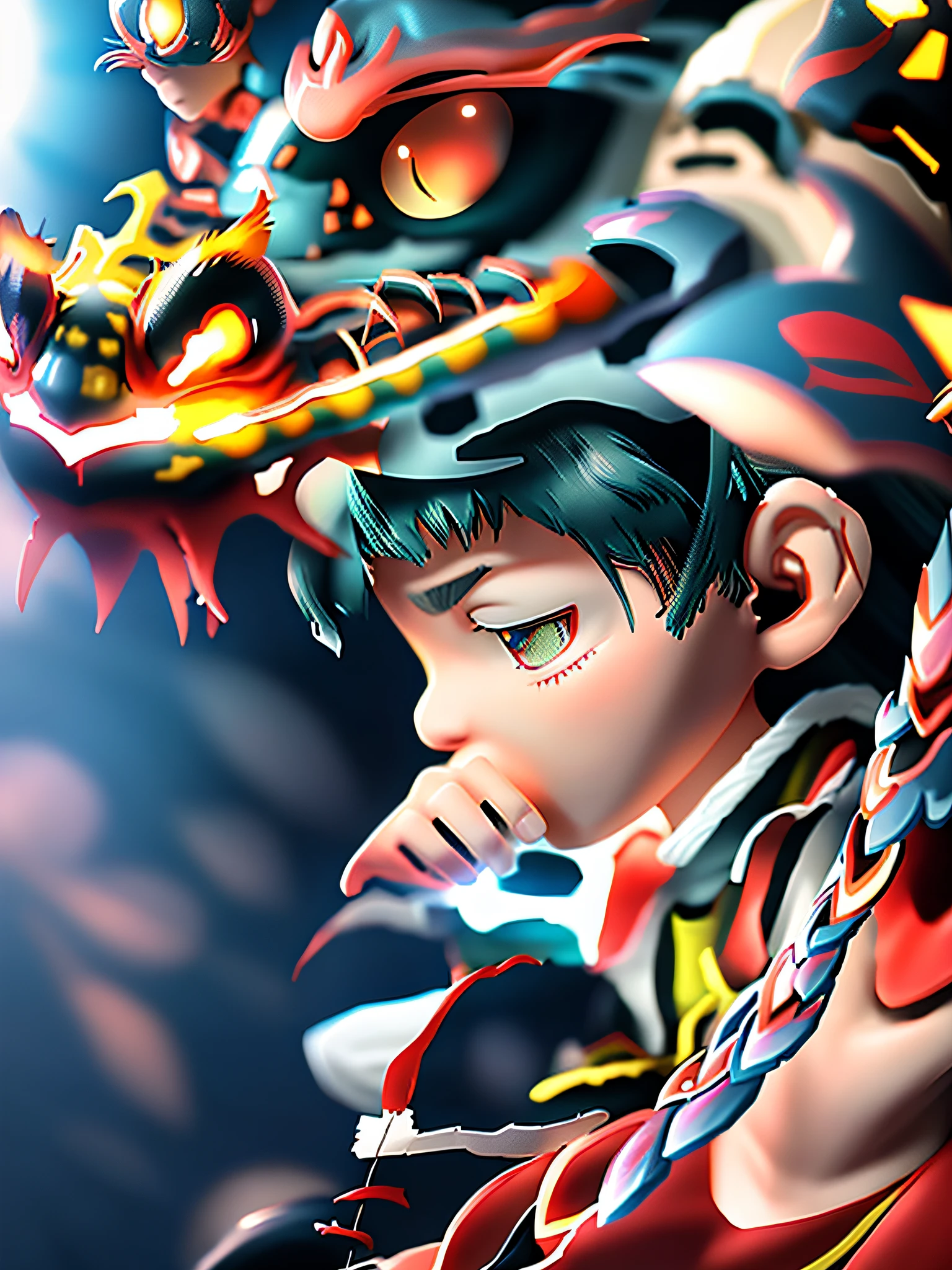 How to train your dragon youth,Reflective scales,Toriyama style,
Akira,Extreme close-up,wide angles,3D,16K,light and shadow effect,tmasterpiece,Super quality,hyper-detailing