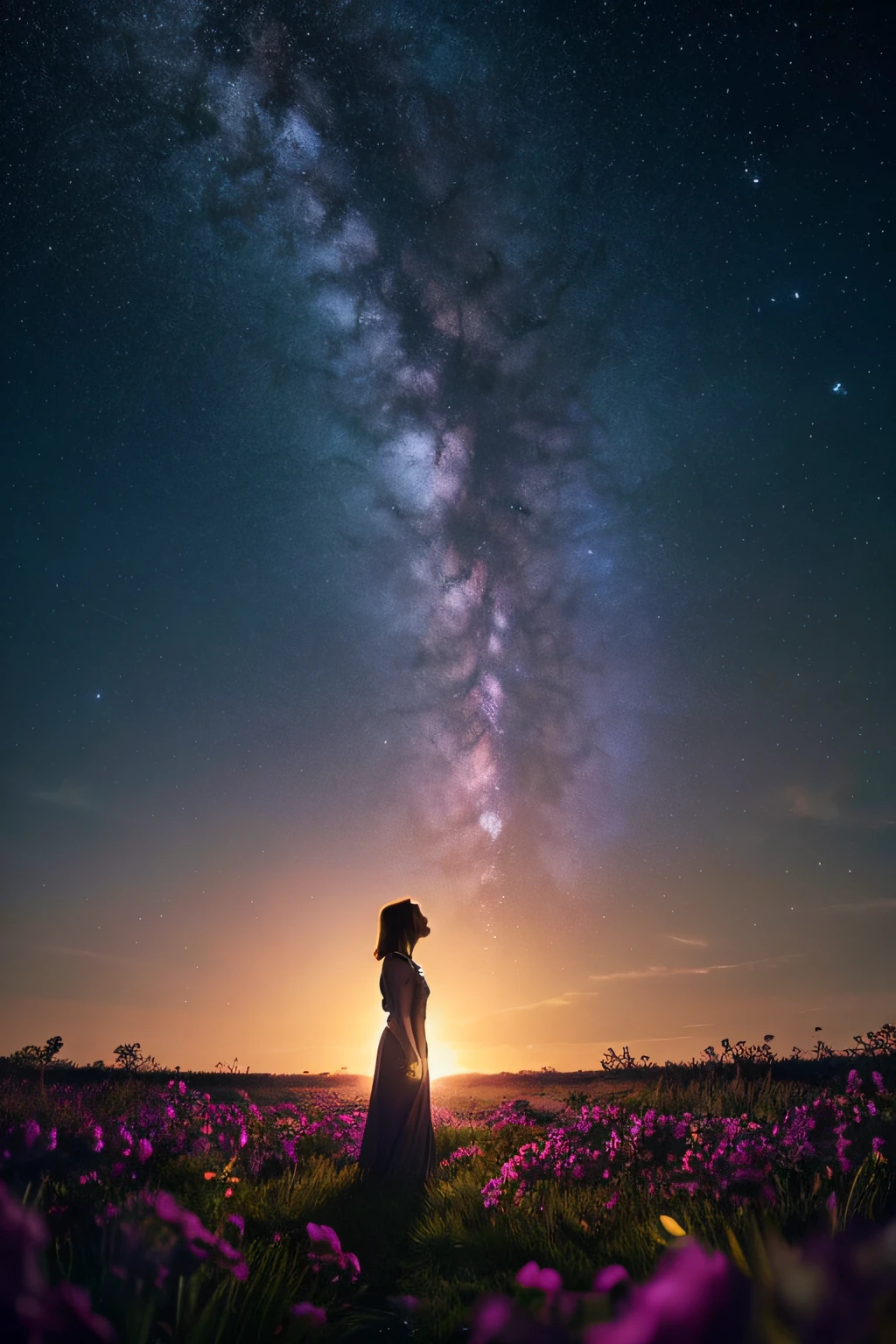 Vast landscape photos, (frombelow, Upper air, Open the following fields), Woman standing in a flower garden and looking up, (Take the key: 1.2), (meteors: 0.9), (nebulas: 1.3), distant mountain々, Tree BREAK making art, (Warm light source: 1.2), (firefly: 1.2), abajour, Very purple, intricate detailes, Volumetric Lighting BREAK (Master Parts: 1.2), (top-quality), 4K, ultra-detailliert, (Dynamic Composite: 1.4), detailliert, coloring, (iridescent: 1.2), (SHINES, Atmospheric illumination), dreamer, Fantastic, (soio: 1.2)