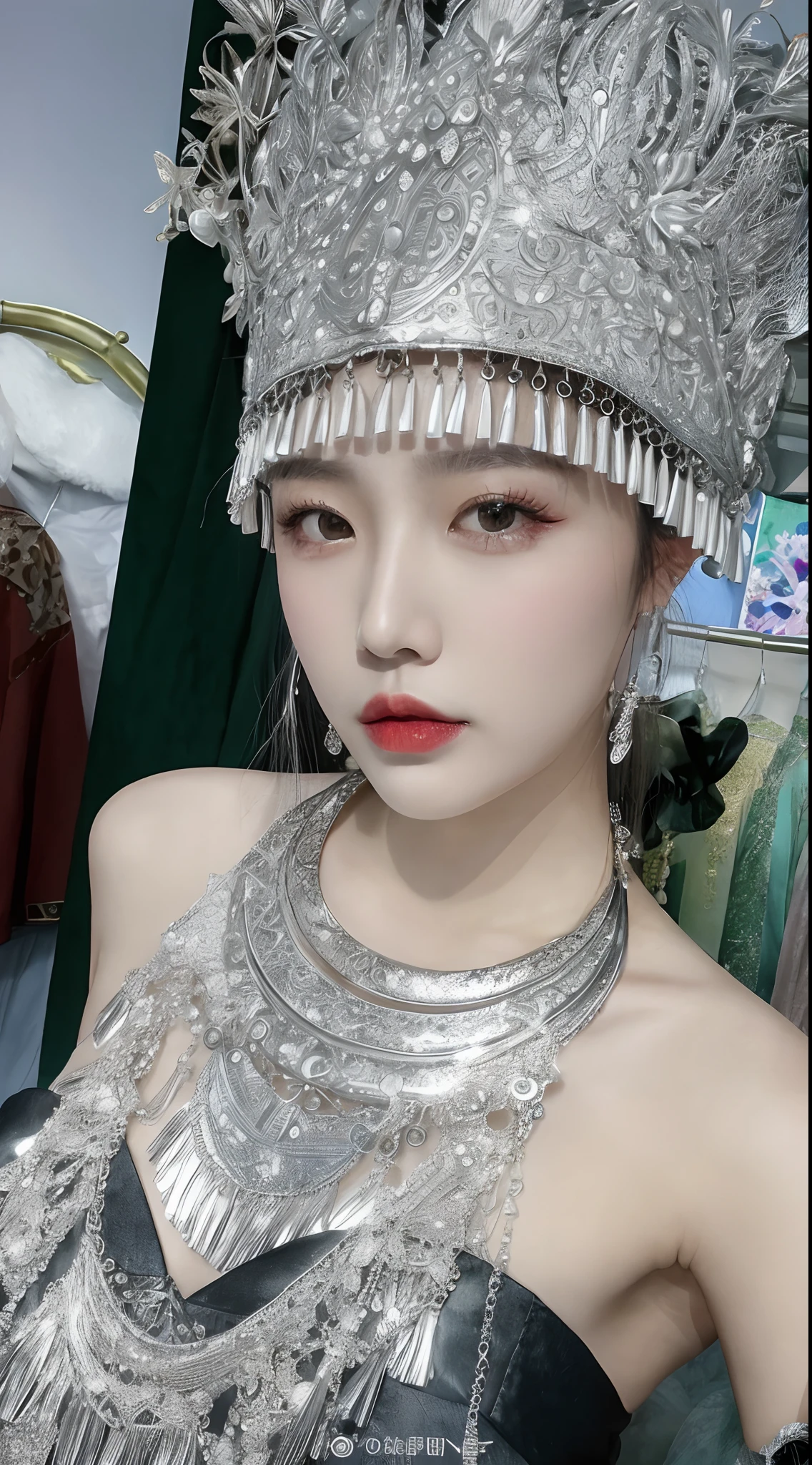 Araki woman wearing a silver headdress and silver necklace, inspired by Jin Nong, queen of the sea mu yanling, gorgeous chinese models, chinese empress, shot on nikon z9, Inspired by Huang Ji, yanjun cheng, lalisa manobal, Chinese woman, Shot on Canon EOS R 6, on a mannequin. High quality