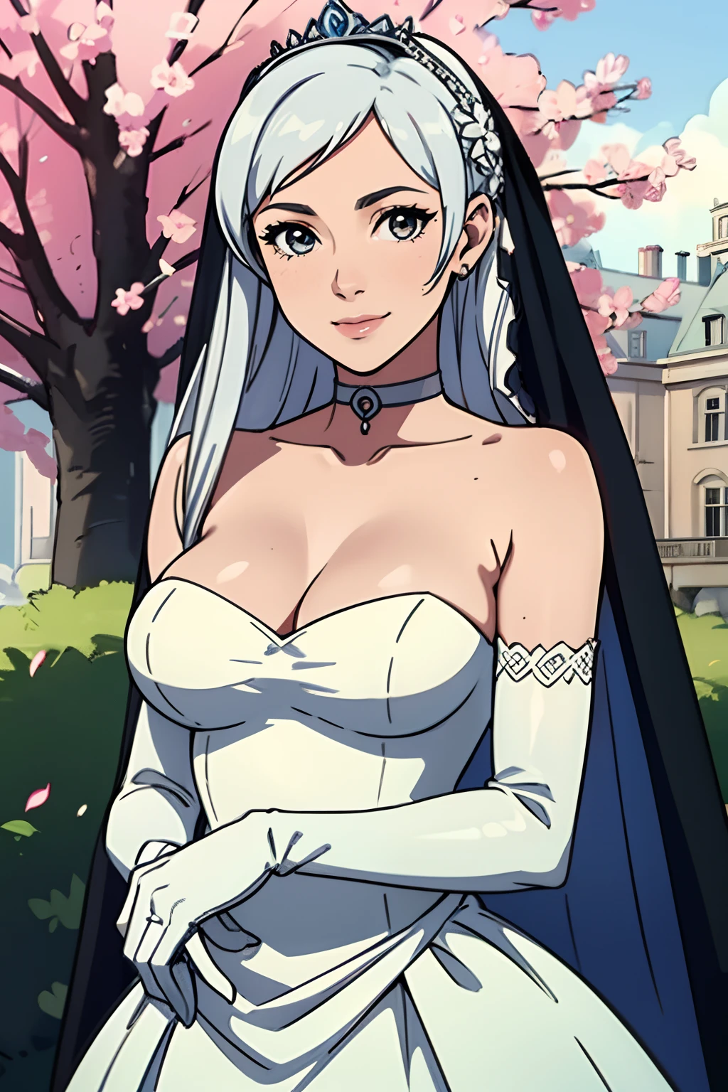 robin fe, white hair, long hair, hair ornament, gloves, dress, cleavage, bare shoulders, collarbone, long white elbow gloves, white gloves, white dress, strapless, tiara, veil, strapless dress, wedding dress, bridal veil, white choker, beautiful woman, perfect body, perfect breasts, wearing a wedding dress, ball gown, in the park trees, wedding decorations, looking at the viewer, a slight smile, realism, masterpiece, textured skin, super detail, high detail, high quality, best quality, 1080p, 16k