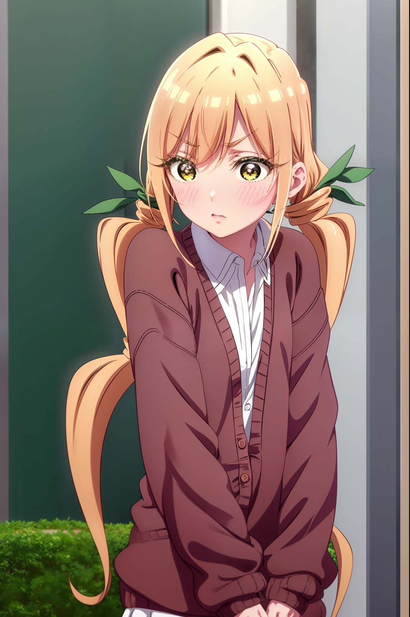 1girl, blonde hair, blush, cardigan, full-face blush, hair between eyes, long hair, long sleeves, looking at viewer, low twintails, school uniform, shirt, solo, twintails, upper body, white shirt, yellow eyes