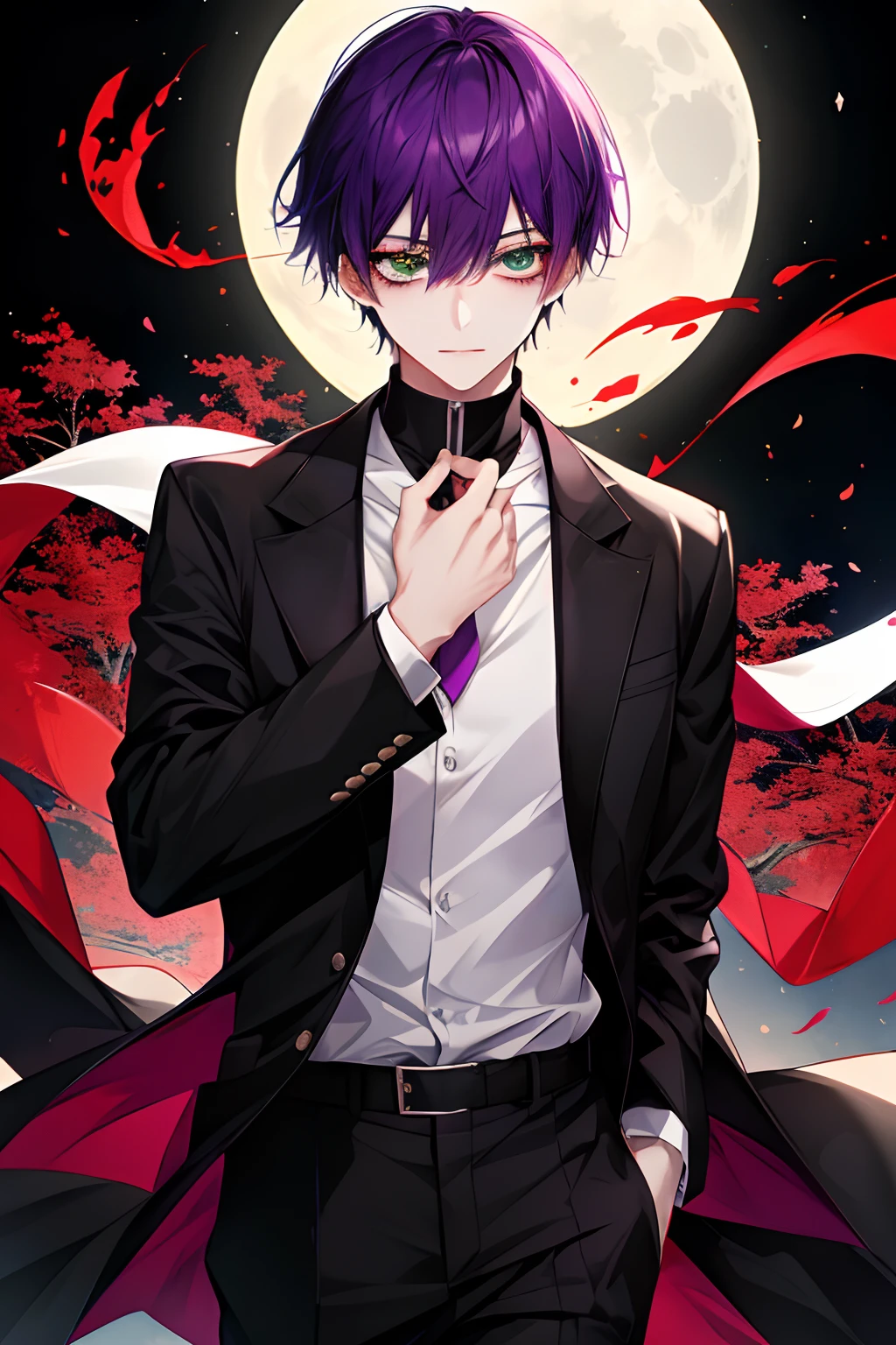 a moon, top-quality, detaileds, masterpiece, kaneki ken, 1 juvenile, Male Focus, 独奏, Beautiful green eyes, Black background, bangss, Green eyes, Jade Eyes, shorth hair, The shirt, raise two hands, Dark purple hair, shirt with collar, White shirt, Beautiful lips, looking at viewert, The upper part of the body, tusk, High class, 8K, detaileds, Ray traching, depth of fields, 电影灯光, glamor、male people、ember、Male child、beautiful male、Beautiful purple hair、Crazily cool、Modern society、Black suit、Jet black jacket