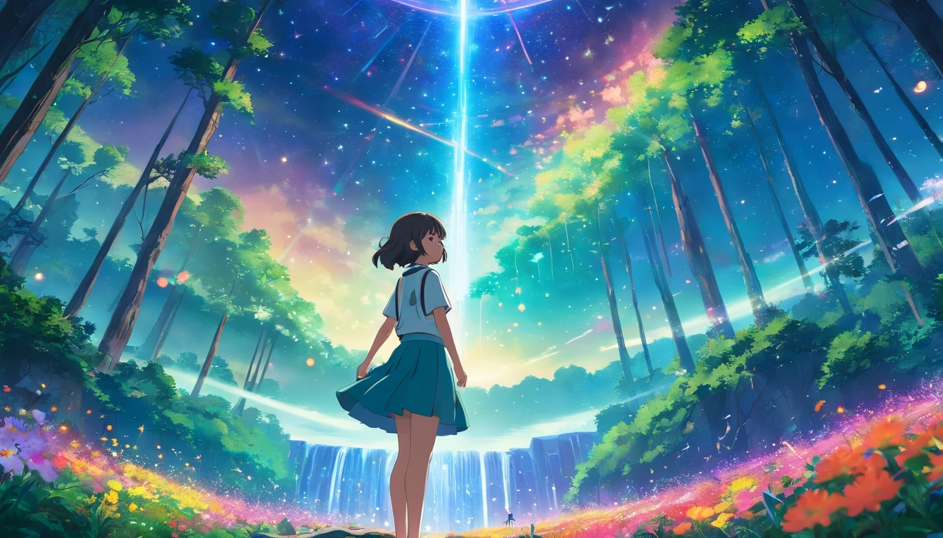Teen girl in skirt on an otherworldly planet,Surrounded by a kaleidoscope of bright flowers and enchanting forests. The starry sky overhead is illuminated by strange and colorful lights, creating an ethereal atmosphere,(waterfallr)