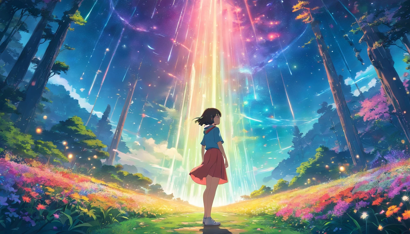 Teen girl in skirt on an otherworldly planet，Surrounded by a kaleidoscope of bright flowers and enchanting forests. The starry sky overhead is illuminated by strange and colorful lights, creating an ethereal atmosphere，(waterfallr)