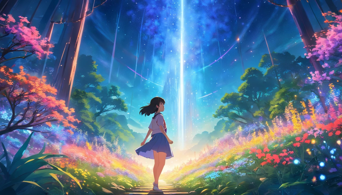 girl in skirt on an otherworldly planet,Surrounded by a kaleidoscope of bright flowers and enchanting forests. The starry sky overhead is illuminated by strange and colorful lights, creating an ethereal atmosphere,(waterfallr)