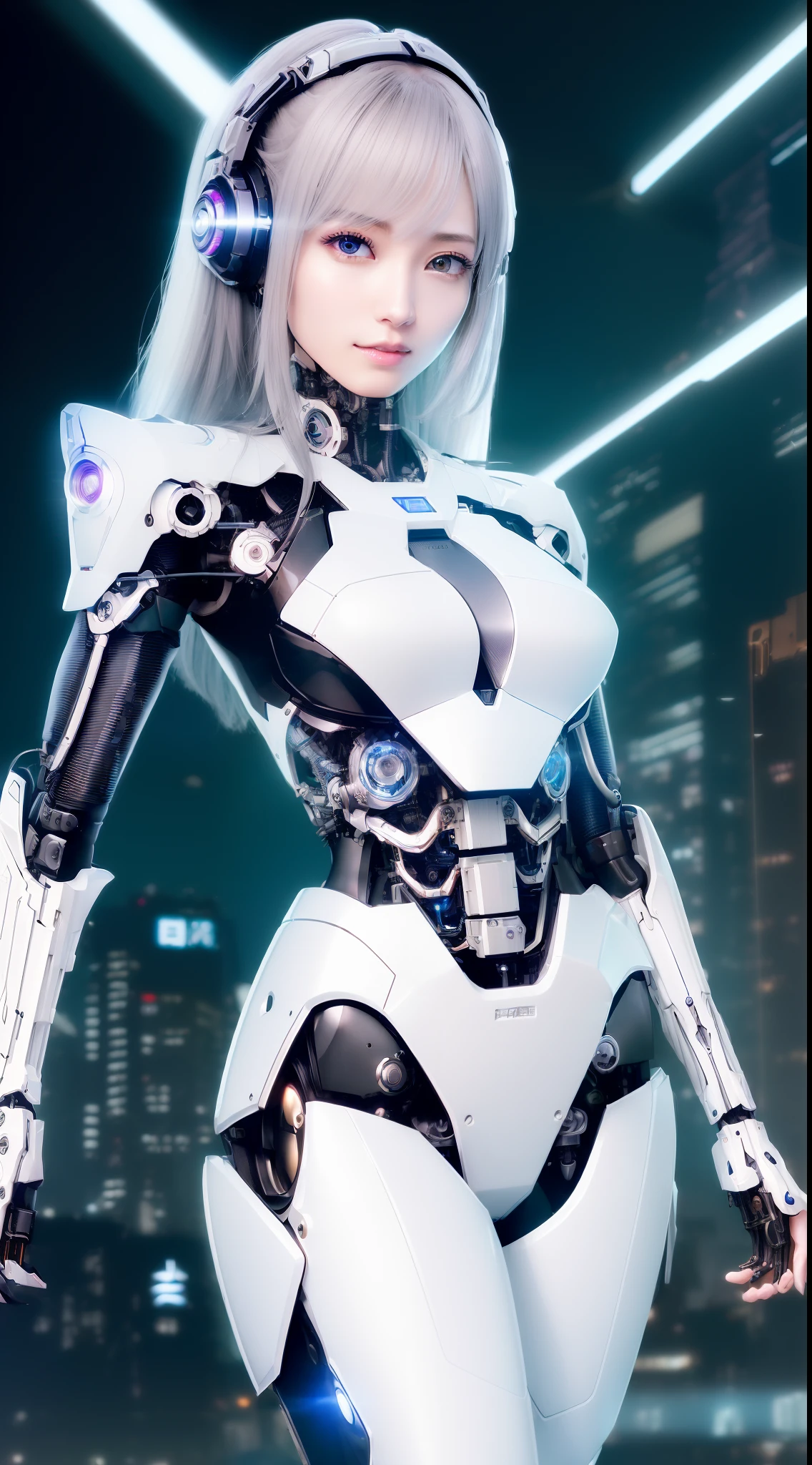 ((masutepiece)), ((top-quality), high quarity、ultra-definition, (Realistic), ((well proportioned face))、fulcolor 、(scientific fiction)、(独奏)、Beautiful fighting robot woman、robotic body、(Perfect robot joint)、Electronic board、((White porcelain mechanical armor))、(Oval curvaceous face)、(almond shape eyes)、thin mouth、deadpan、(Perfect mechanical limbs)、(Bright Cyberpunk City)、