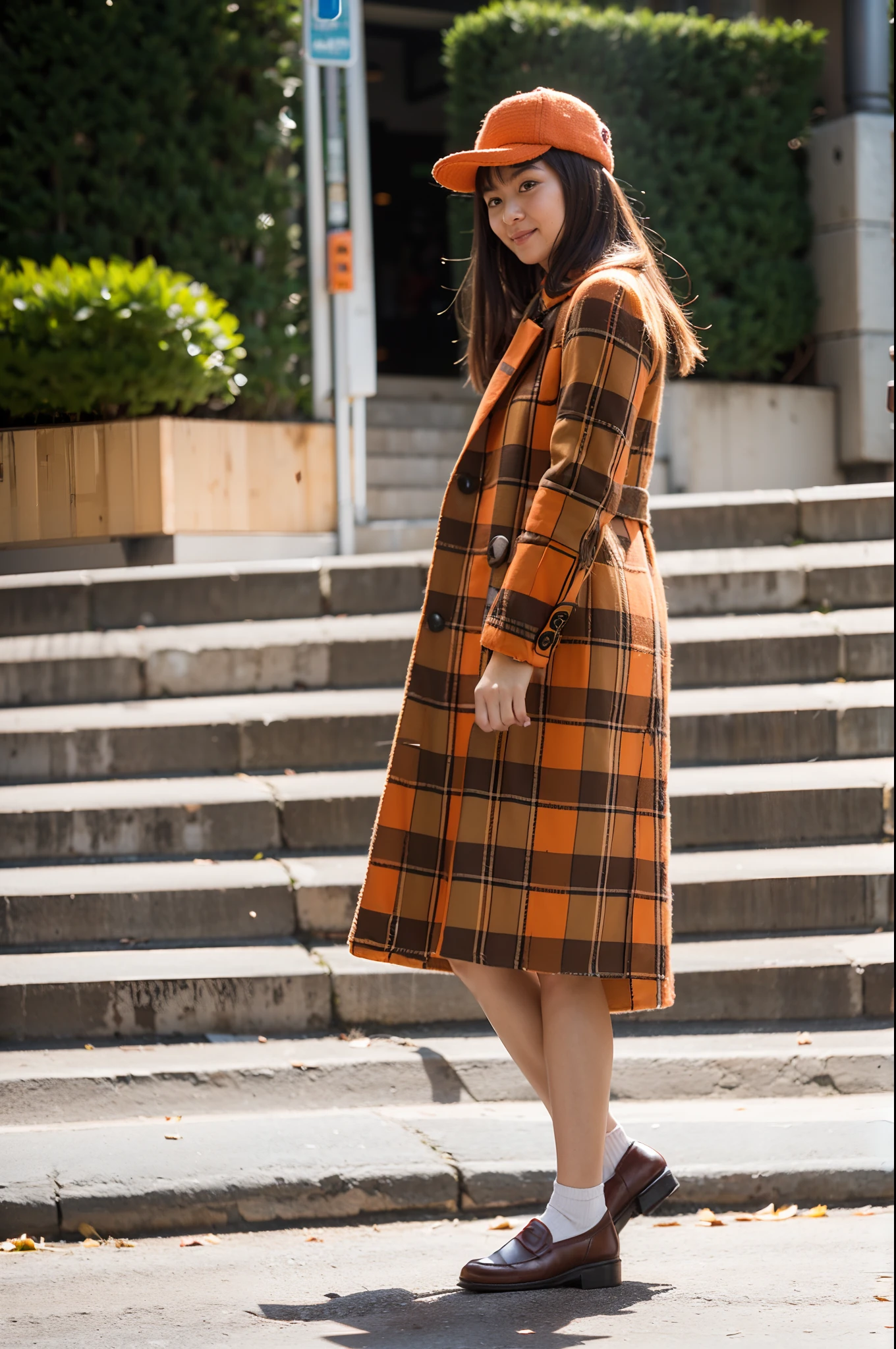 Brown long skirt、Angled angle of view、Crestbridge plaid long coat、cap with orange plumage,、Take your eyes off、Depiction of walking in the city、Pulling photo、Posing with movement、Large bouquet in one hand、Theme from the side、Young European beauties、Brown loafers、