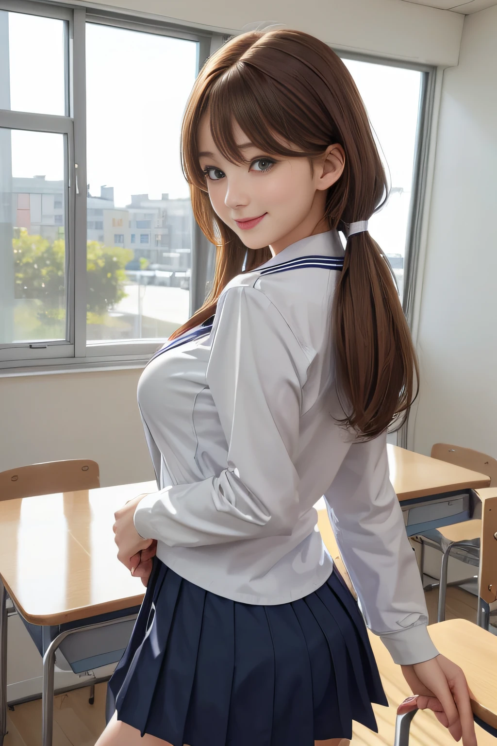 (masuter piece:1.3)、(8K、Photorealsitic、Raw photography、top-quality: 1.4)、(1girl in)、Beautiful expression、(Lifelike face)、(light chestnut hair、short-cut: 1.5)、Twin tail、Realistic eyes、Beautiful details、(real looking skin)、Beautiful skins、absurderes、enticing、超A high resolution、Ultra-realistic realism、high detal、the golden ratio、(Beautiful woman with accentuated slim abs:0.4)、(Casual Hair、Colossal tits)、Soft breasts、((cheely smile))、Exposed cleavage、Exposed legs、(standing in a classroom)、(Girl in front of school uniform、The skirt of the uniform is rolled up.、a sailor suit: 0.6)、(Thin fabric underwear、Fluttering chest、Flip the skirt: 1.8)、(Bewitching hips: 0.7)、(Looking back)、(Take a look at our:1.5)、(Looking at the camera)、Twintail hairstyle,A dark-haired、