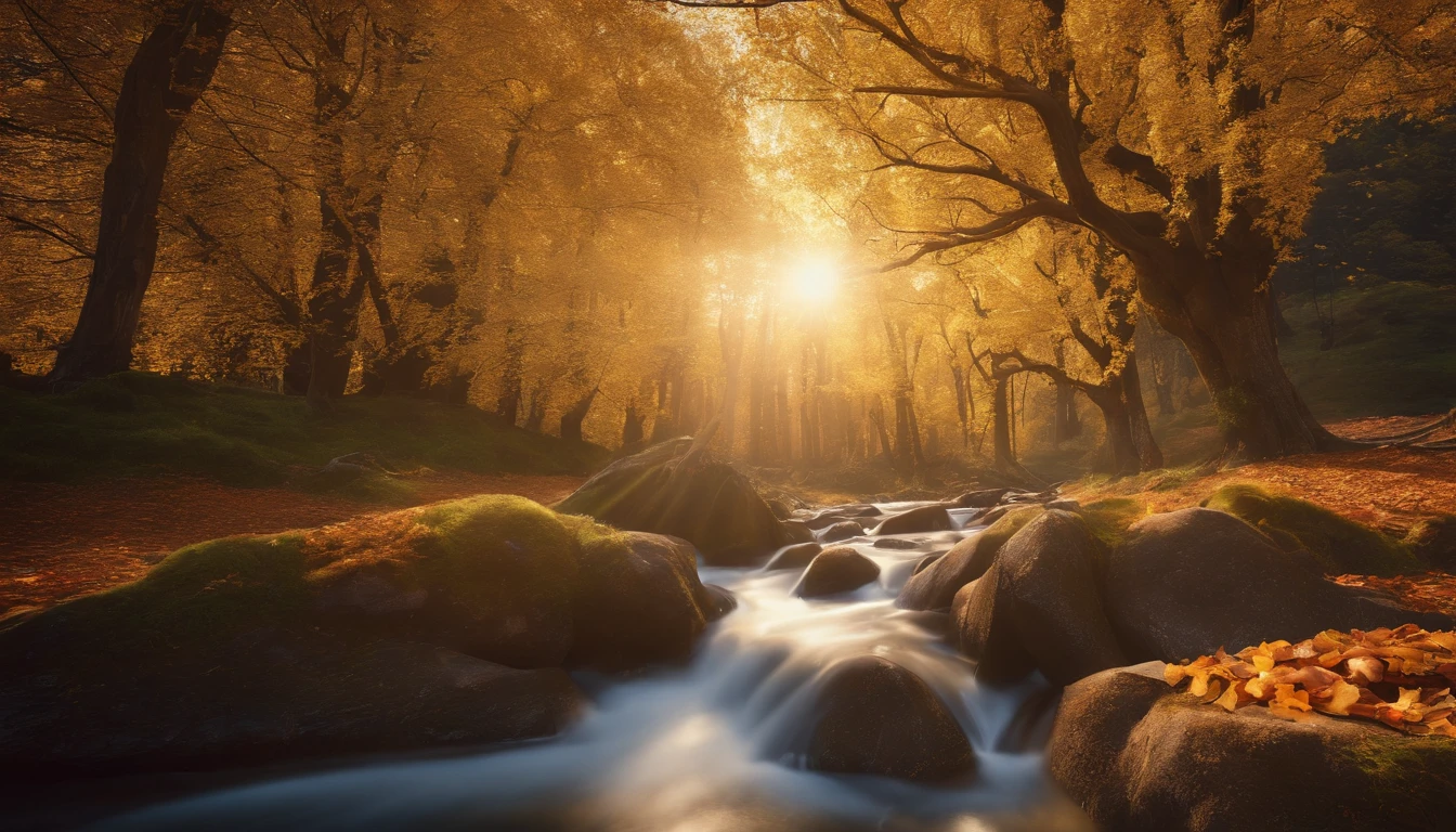high-level image quality,(8K, hentail realism, RAW photogr, top-quality: 1.4), Ultra-wide angle of view,Beautiful view of autumn,rivulets,The background is mountains,Ginkgo tree,Golden autumn,Daytime,Sheer sunlight,Colored leaves,high qulity,super-fine,Hyper-realistic,Ultra photo realsisim,Realistic landscape,35mm camera lens,ultra - detailed