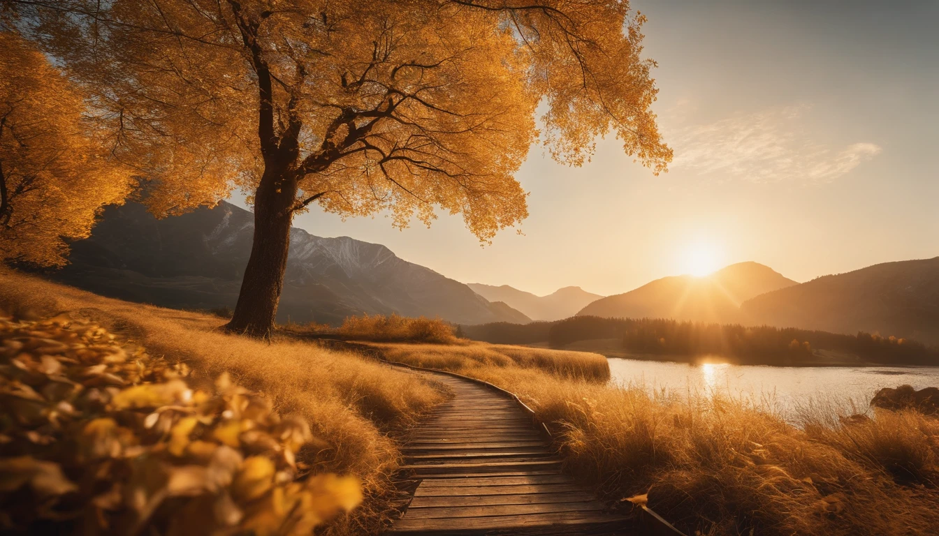high-level image quality，(8K, hentail realism, RAW photogr, top-quality: 1.4), Ultra-wide angle of view，Beautiful view of autumn，rivulets，The background is mountains，Ginkgo tree，Golden autumn，Daytime，Sheer sunlight,Colored leaves，high qulity，super-fine，Hyper-realistic，Ultra photo realsisim，Realistic landscape，35mm camera lens，ultra - detailed