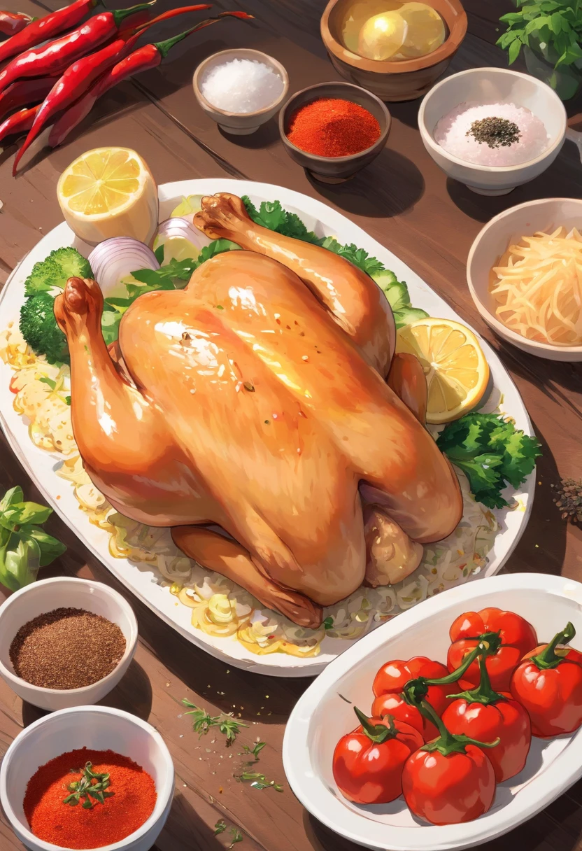 Table with ingredients: chicken breast, Salt and black pepper, Chimichuri, chili pepper, The eye, paprika, onion