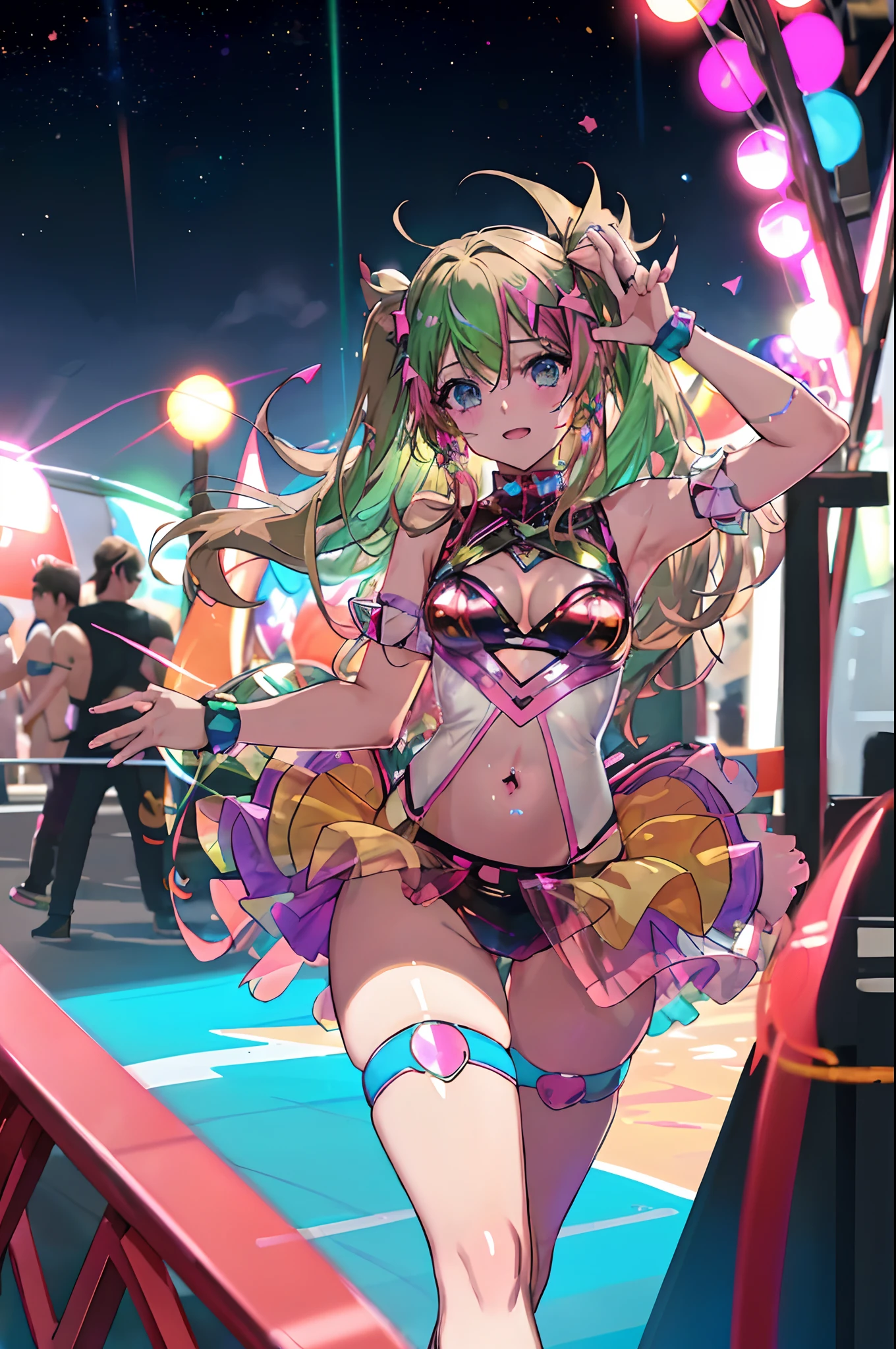 rvst, a woman, anime girl, 8k, ecstatic expression, festival, beautiful, colorful, translucent glowing latex miniskirt, night, lasers, panties, bra, cleavage, medium breasts, anime print clothes, sexy, camel toe