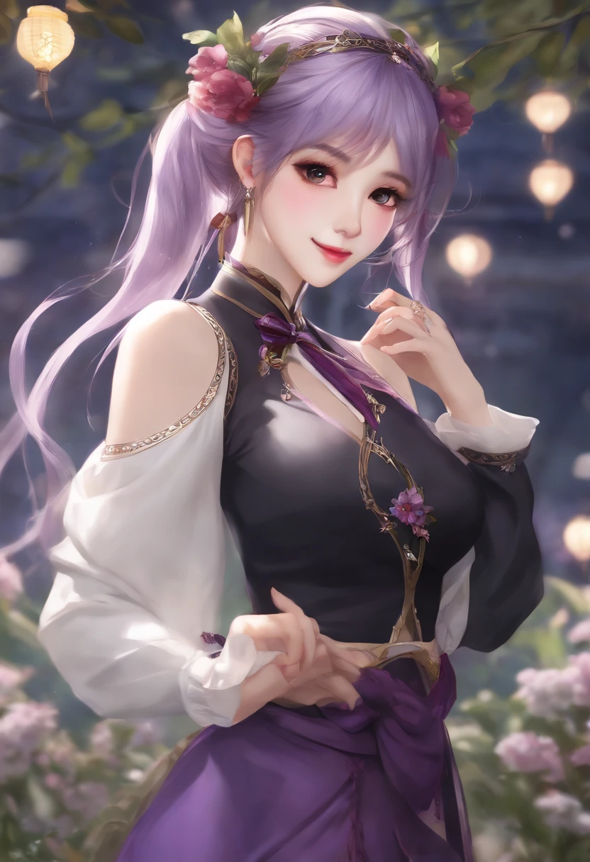 (Realistic painting style:0.9), Masterpiece, Best quality, absurderes, view the viewer, Solo, Keqing (lantern rite) (Genshin Impact), Keqing (Genshin Impact), hair-bun, Skirt, Scarf, purplesweater, White skirt, Purple hair, Sweater, double tails, Purple eyes, Diamond-shaped pupils, hair adornments, Bare shoulders, Smile, Breasts, cone hair bun, Long hair, belt, double bun hair, Long sleeves, bangs, bow, hair flower, Hair accessories hair bye,ribbon, Hair ribbon, Braid, Plaid scarf, tartan, cropped shoulders