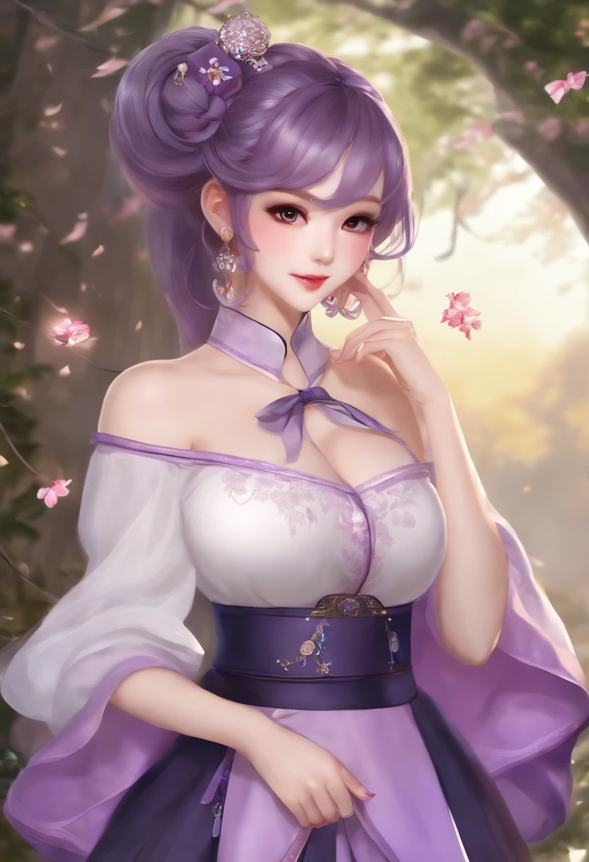 1girl in, (ulzzang-6500:0.7), Kpop Idol, Yae Miko, bikini of, Detached sleeves, Bare shoulders, Pink hair, Long hair, bikini of, Best Quality, (Painting:1.5), (Hair Ornament:1.35), Jewelry, Purple eyes, earrings, breasts, torii, cherryblossom, Lantern light, depth of fields, Detailed face, Face Focus, bow ribbon_trim, (Looking at Viewer:1.25), nontraditional miko, Shiny skin, Long sleeves, Smile, thick lips, Game CG, Hands on lips, East Asian Architecture, (Blurry background:1.2), Sitting, Upper body, bikini of