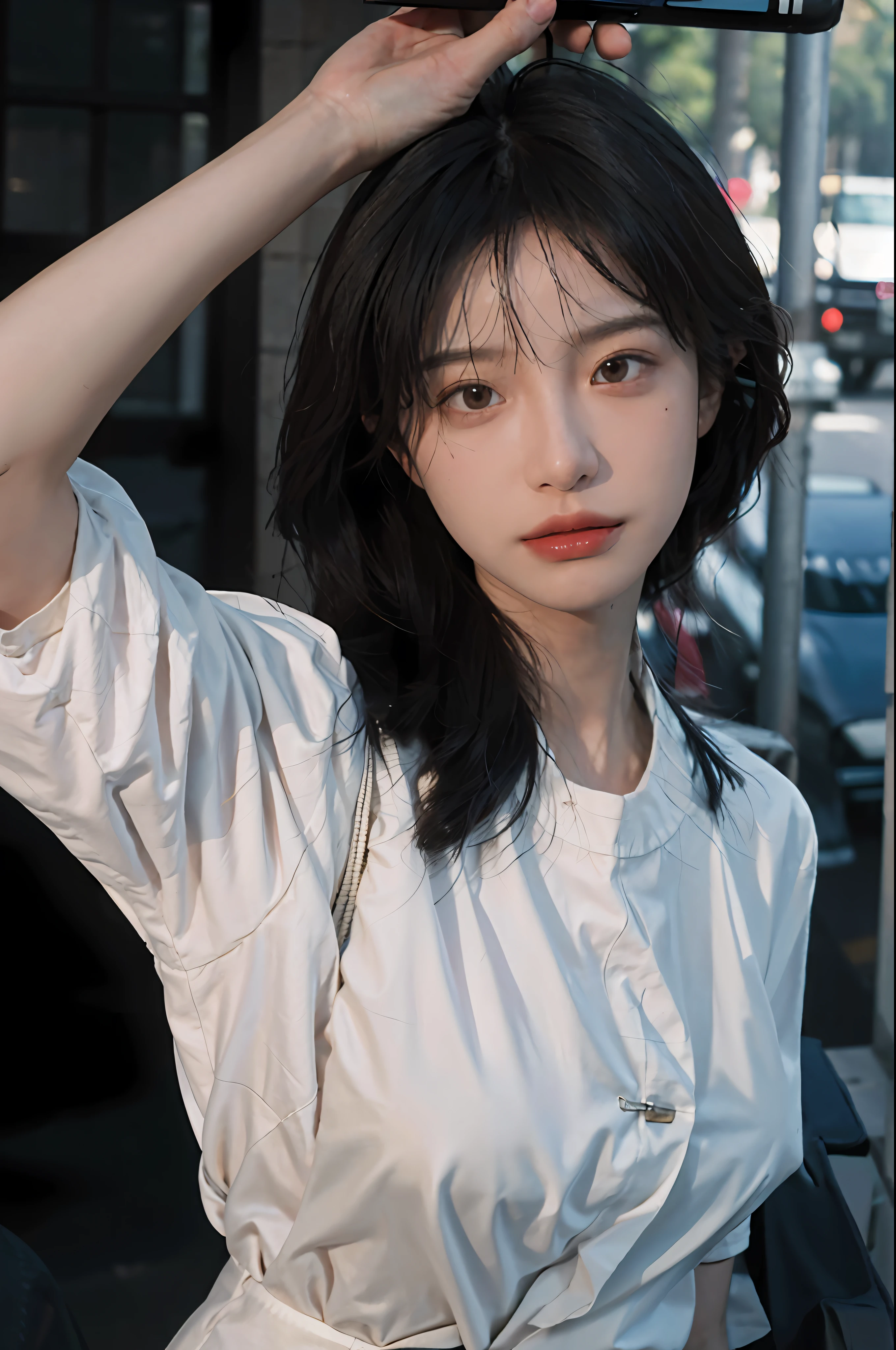 8K, Best Quality, Masterpiece, Ultra High Resolution, (Realism: 1.4), Original Photo, (Realistic Skin Texture: 1.3), (Film Grain: 1.3), (Selfie Angle), 1 Girl, Beautiful Eyes and Face Details, Masterpiece, Best Quality, Close-up, Upper Body, Looking at the Viewer