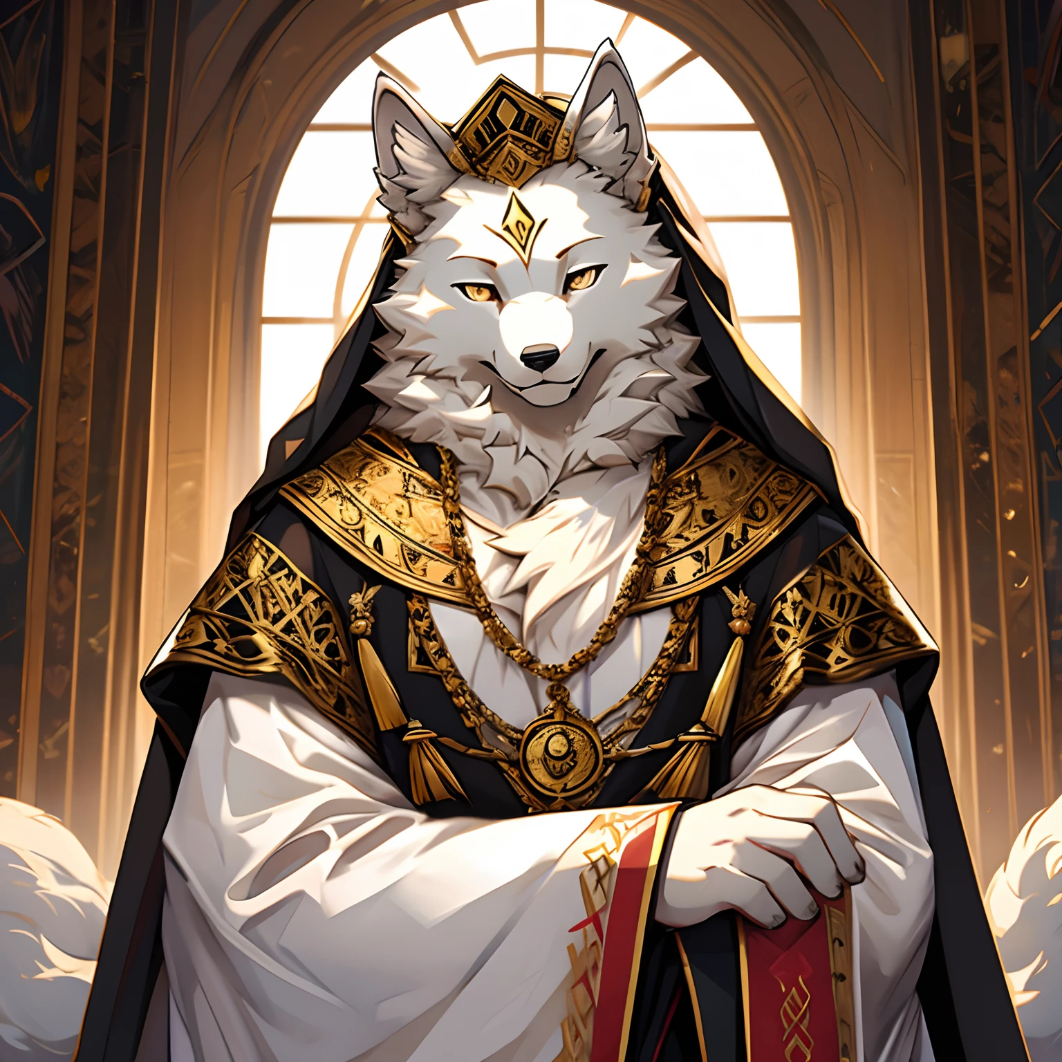 Black and gold eyes of Samoyed male masterpiece with magnificent details of palatial pope